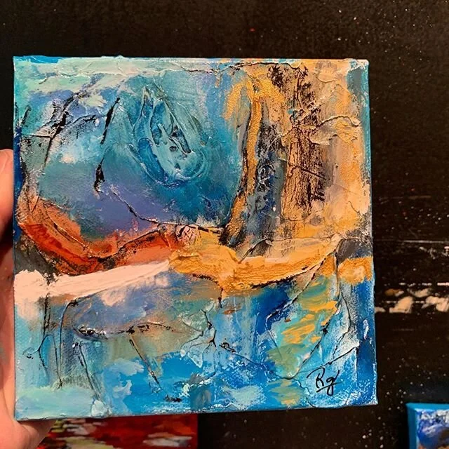 Day two 6x6 inch parade of smalls. &ldquo;Blue Pond&rdquo;. Simple pallet of blue, orange and gold. 
robertgriffithart.com