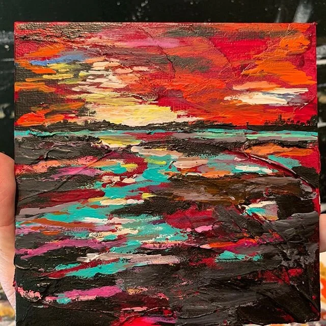 Disappearing Sun. Day 3 in parade of smalls, 6x6 inch. Those moments during and after the sunset when God looks back on the day and smiles. Our eyes see only a reflection, the paint brush records a fraction of his beauty. Tonight at sunset, like Grea