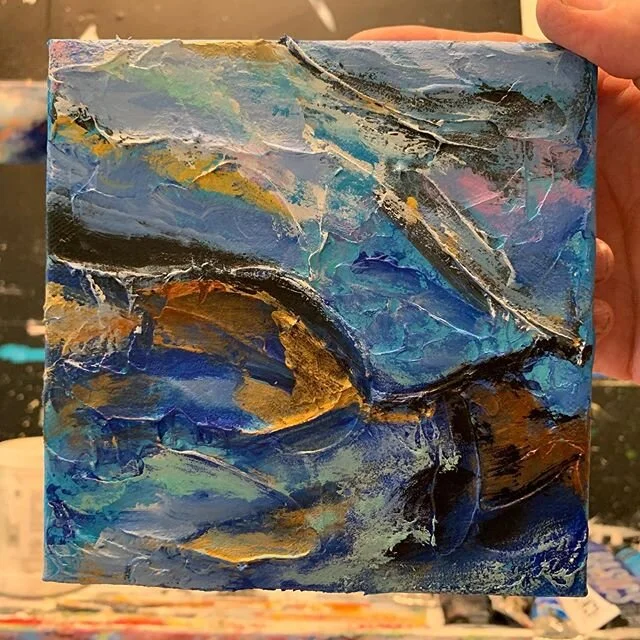 &ldquo;Blue Thursday&rdquo;. Parade of smalls #4. Acrylic on 6x6 inch. Playing with abstract expressionism, deep emotion and trama, otherwise known as Thursday!