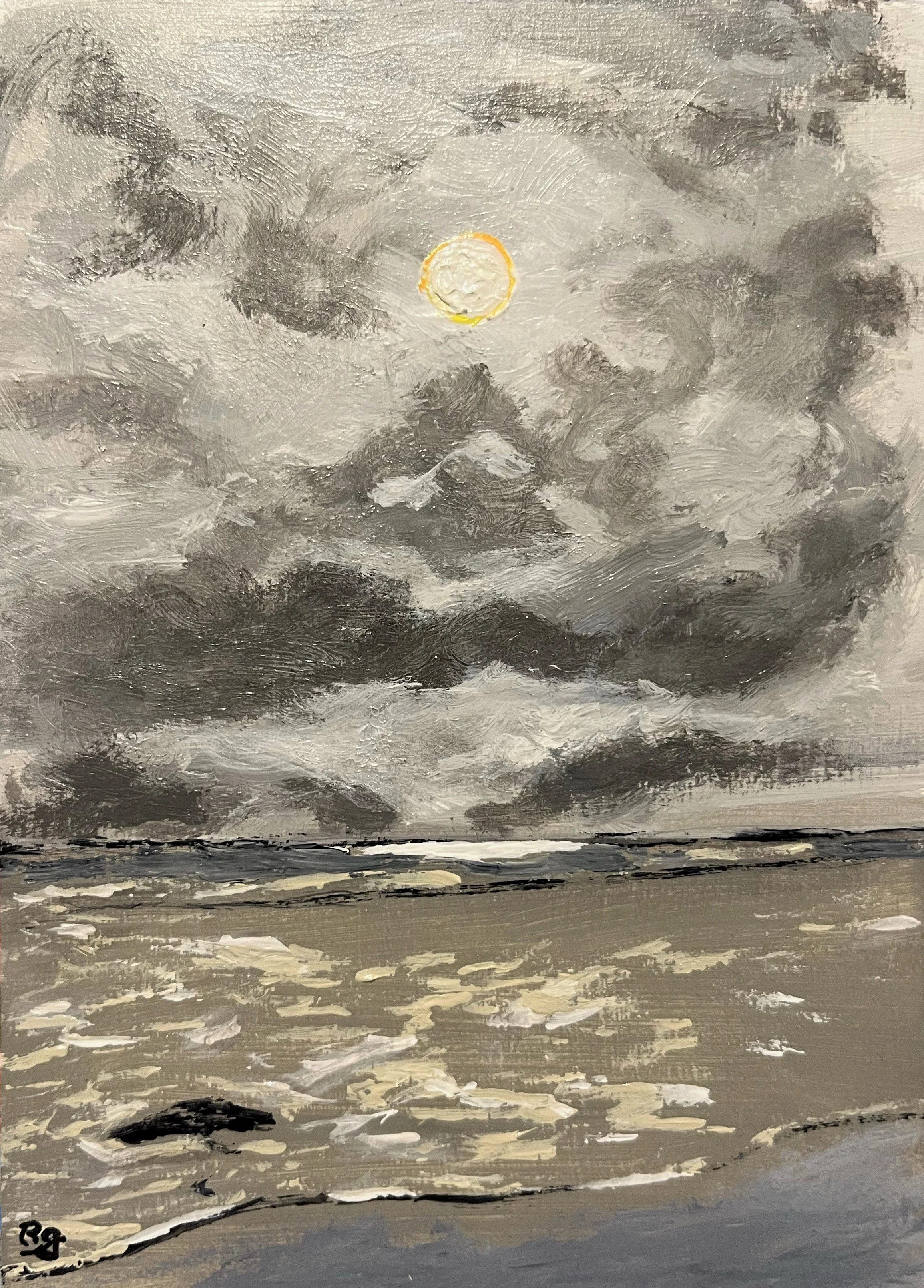 Beams in the Fog. Cayucos Aug 2023. Acrylic on 5x7 hardboard.jpeg