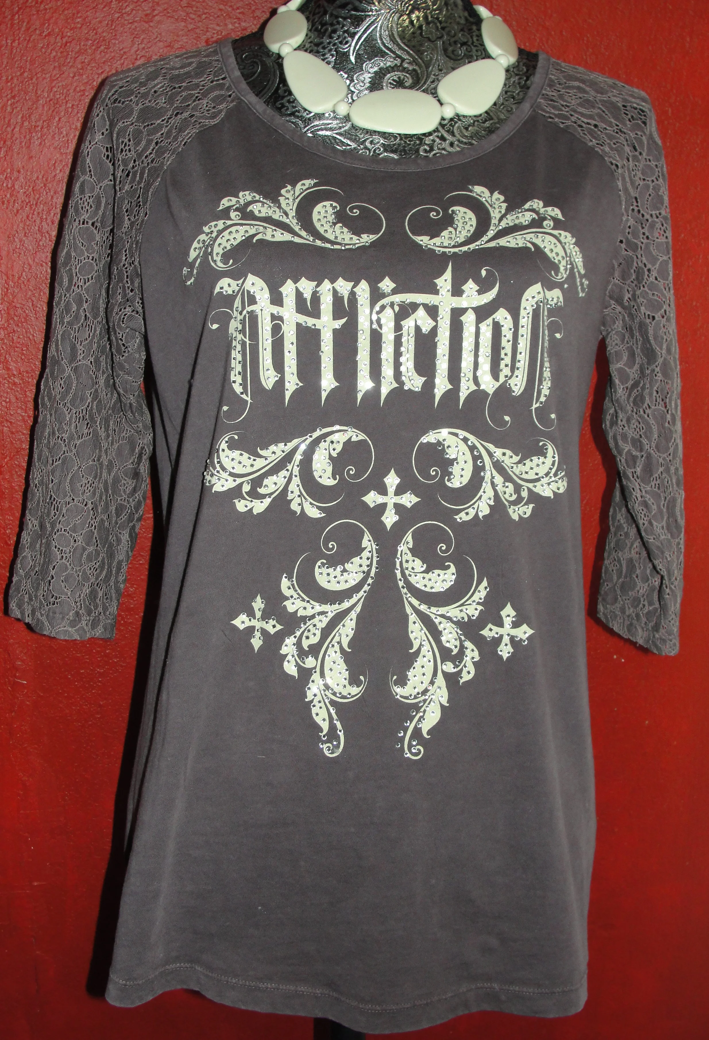 AFFLICTION SHIRT WITH LACE AND RHINESTONE DETAIL
