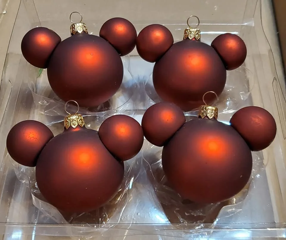 Rare Retired Disney Christmas Glass Ornament Set Icon Mickey Mouse Icon Ears Red