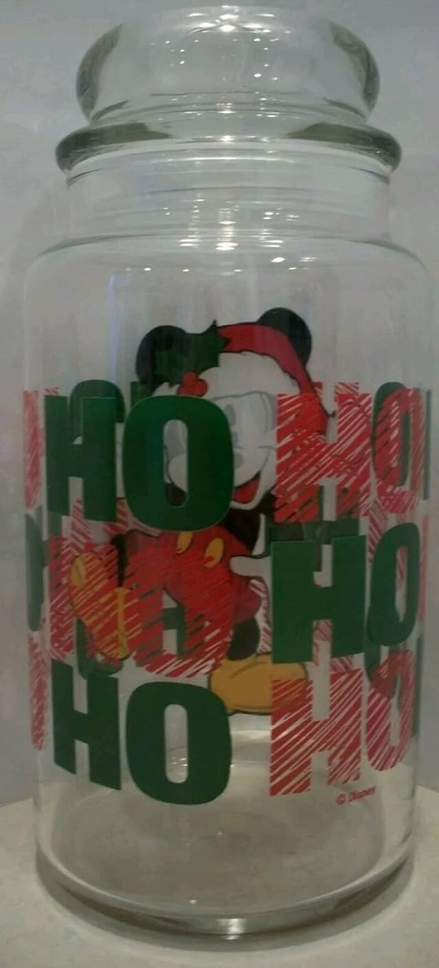 DISNEY ANCHOR HOCKING - MICKEY MOUSE "HO-HO-HO" Glass Christmas Canister/Jar