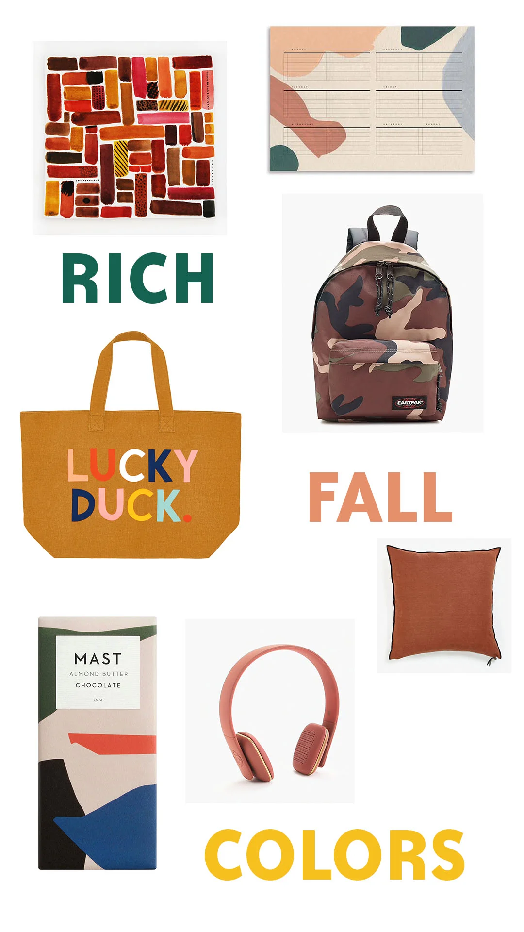 Original Painting - coming soon to our shop. Planner - $14. Backpack - $45. Pillow - $150 - $175. Lucky Duck Tote - $69. Chocolate - $72 / case. Headphones - $145.