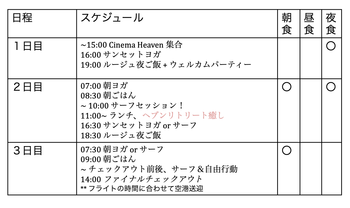outline of our every day schedule during the retreat: リトリートの日々スケジュールはありますが、スケジュールは確定ではありません!朝波が良かったらヨガとサーフィンのタイミングをずらしたり、みんなのバイブス&フィーリングで行きたいと思っています♪ let the good times roll~ ♪