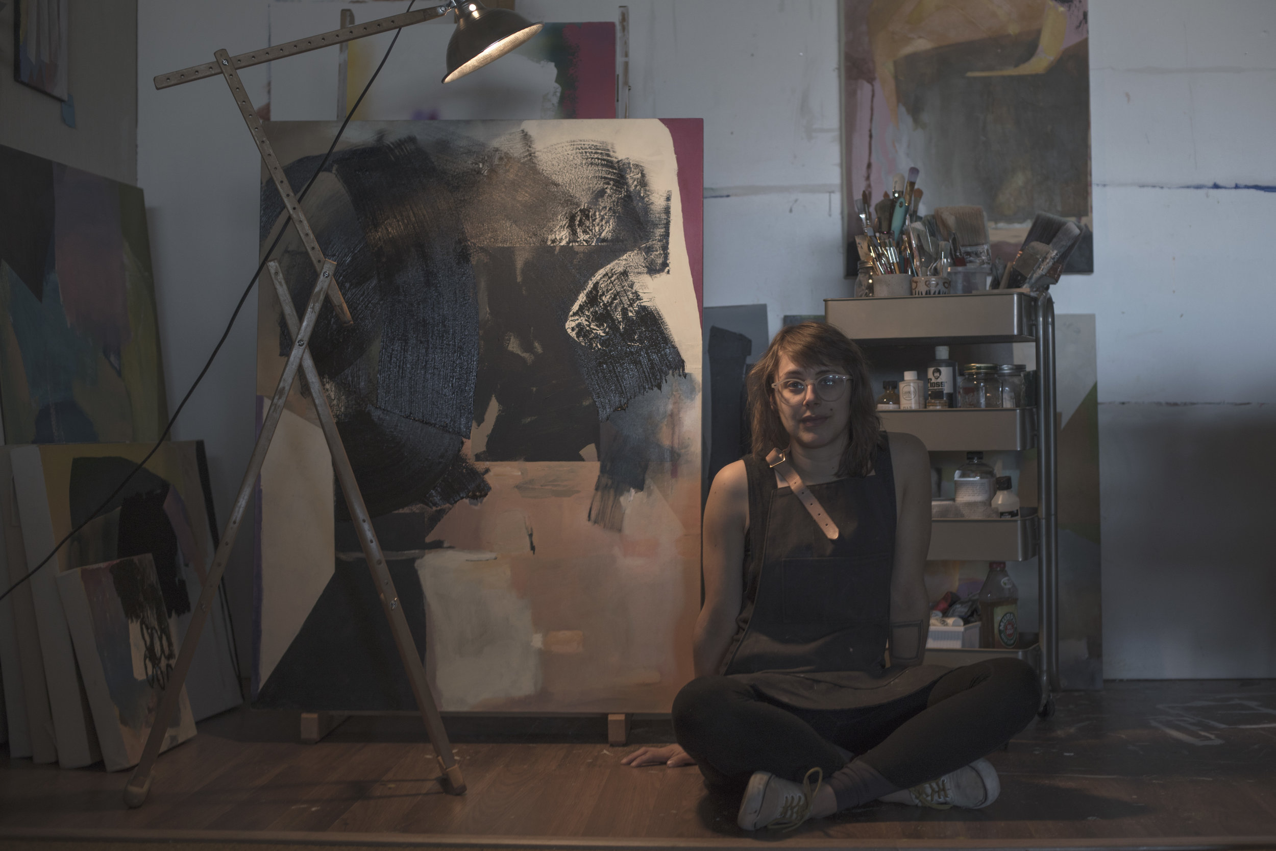 Russell in her studio. Image courtesy of the artist, taken by Justus Phoehls.
