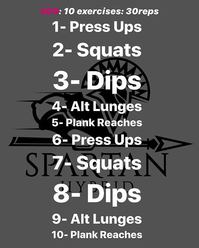 It&rsquo;s a simple one. So we can all do it. A little workout for what would have been our FIRST Spartan session this year on the outside Urban Gym tonight. :( 300
10 exercises:30reps each. 
ZERO rest between exercises. 
Ps..this is normally our war