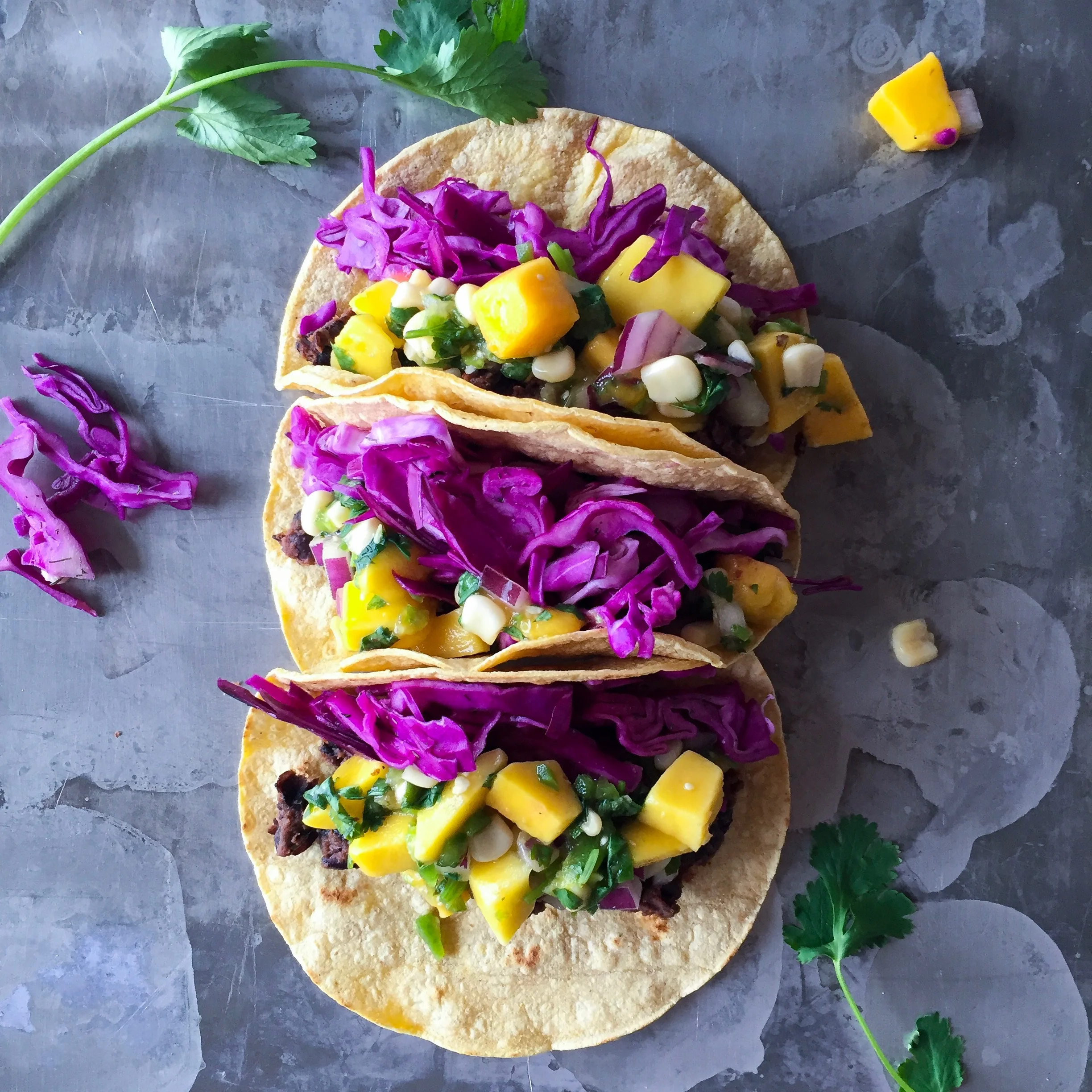 Black Bean Tacos with Mango Tomatillo Salsa