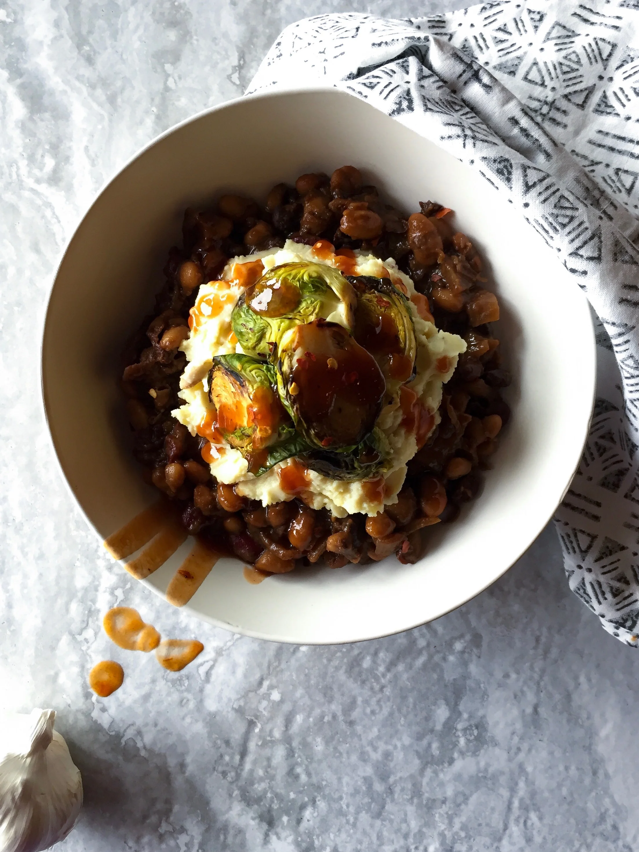 Potato Power Bowl with Baked Beans and Brussel Sprouts
