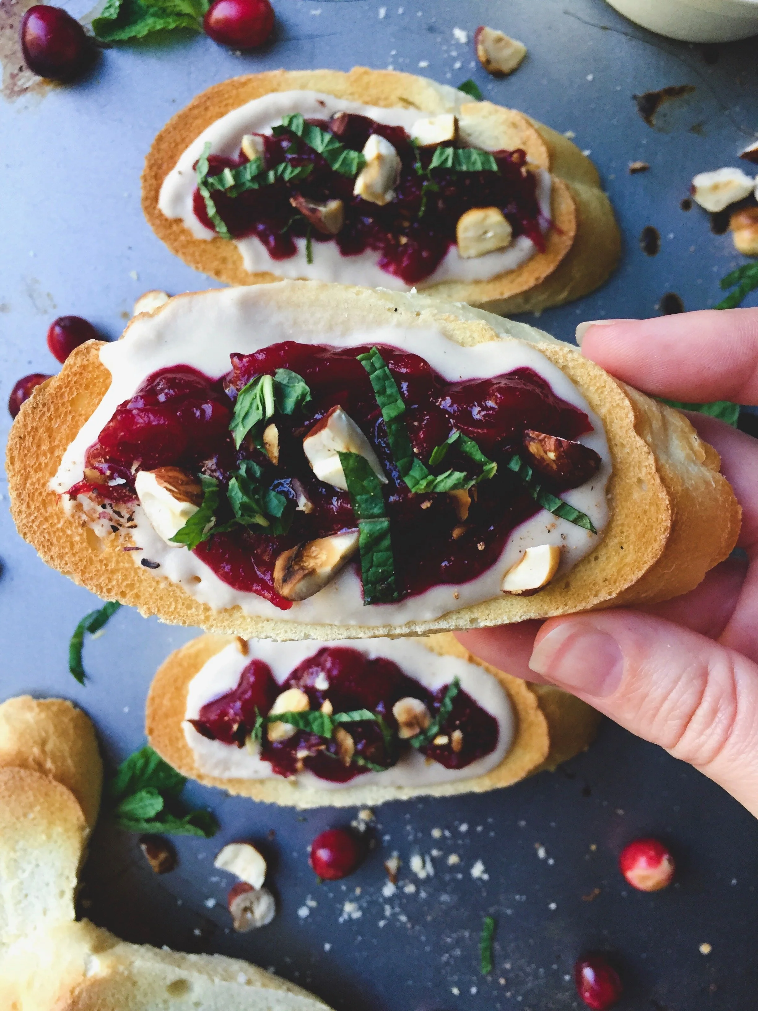Holiday Crostini with Smoky Bean Spread and Cranberry Sauce
