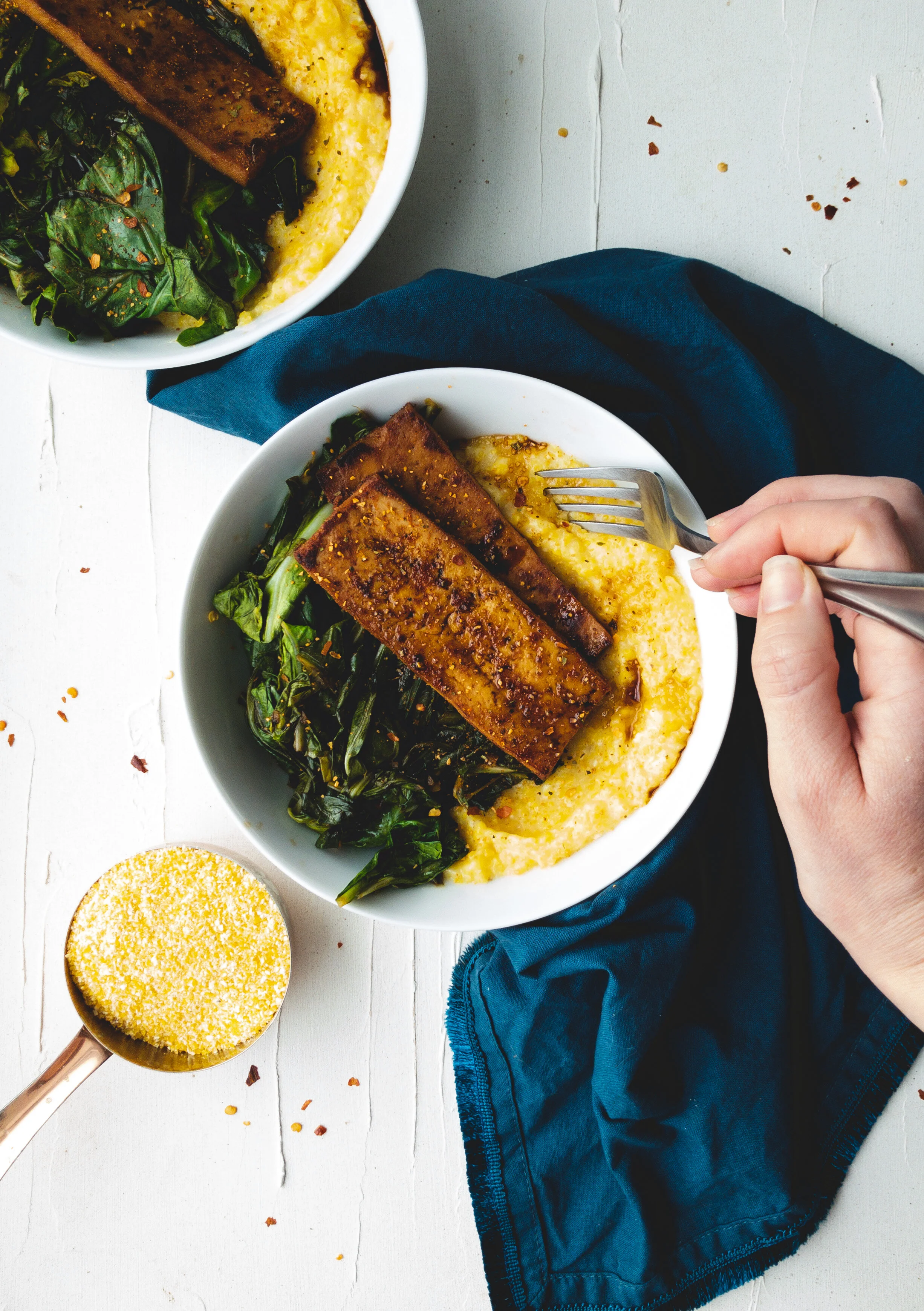 Savory Breakfast Bowl with Balsamic Collard Greens, Tofu Bacon, and