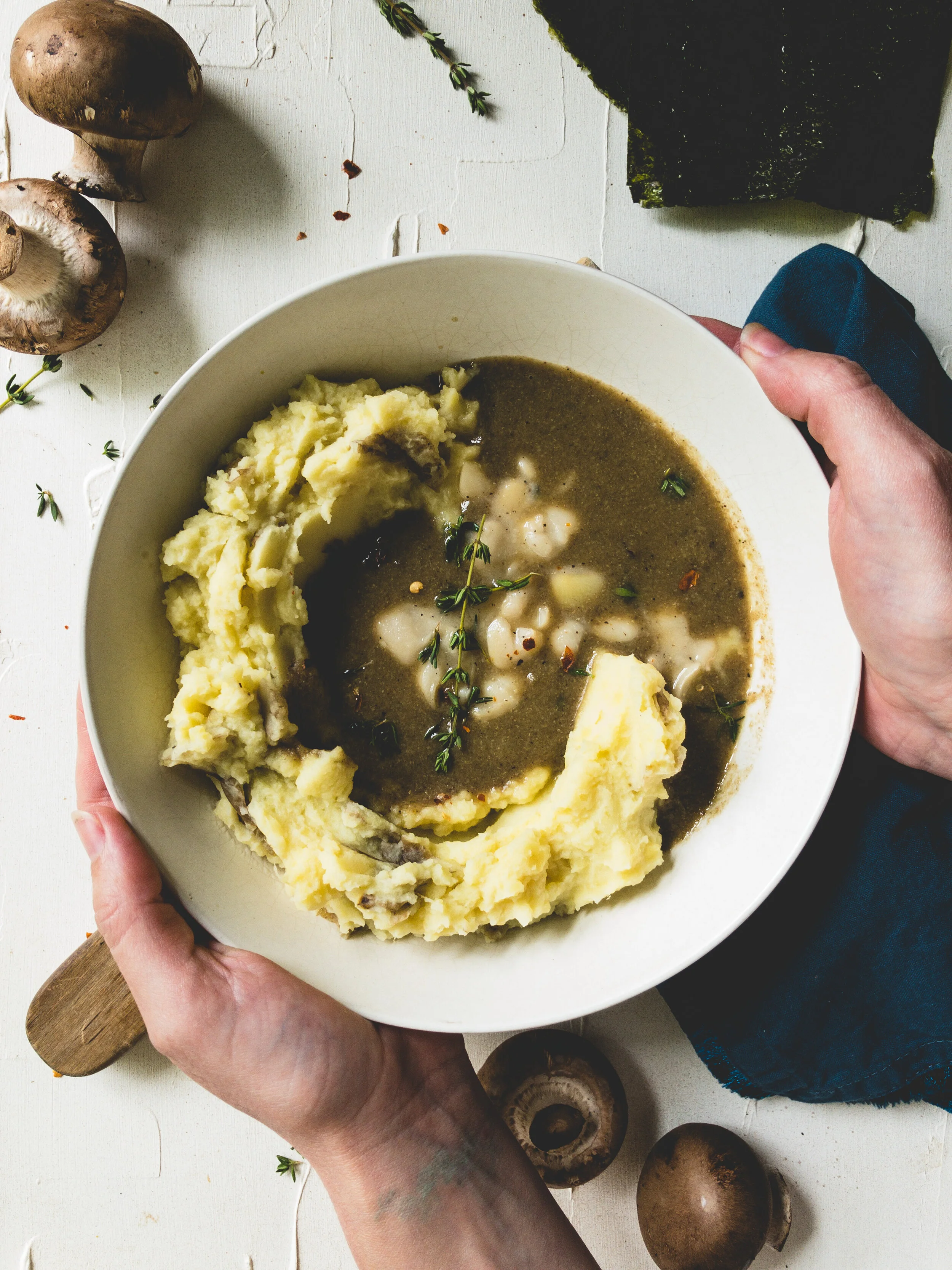 Mashed Potato and Mushroom Gravy Bowls with Lemony Butter Beans