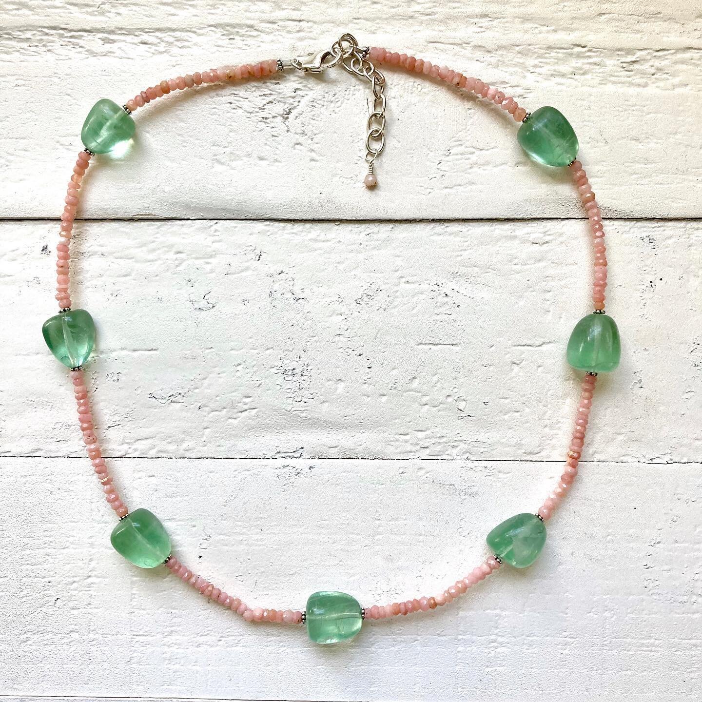 ✨
Summer Street Studio Peony Collection 🌸 🍃 
✨
Fluorite encourages positivity, and is paired here with pink opal, thought to help heal matters of the heart.
✨
Sterling flex wire and clasp. Adjustable 18-20&rdquo;.
✨
Each is handmade and one of a ki
