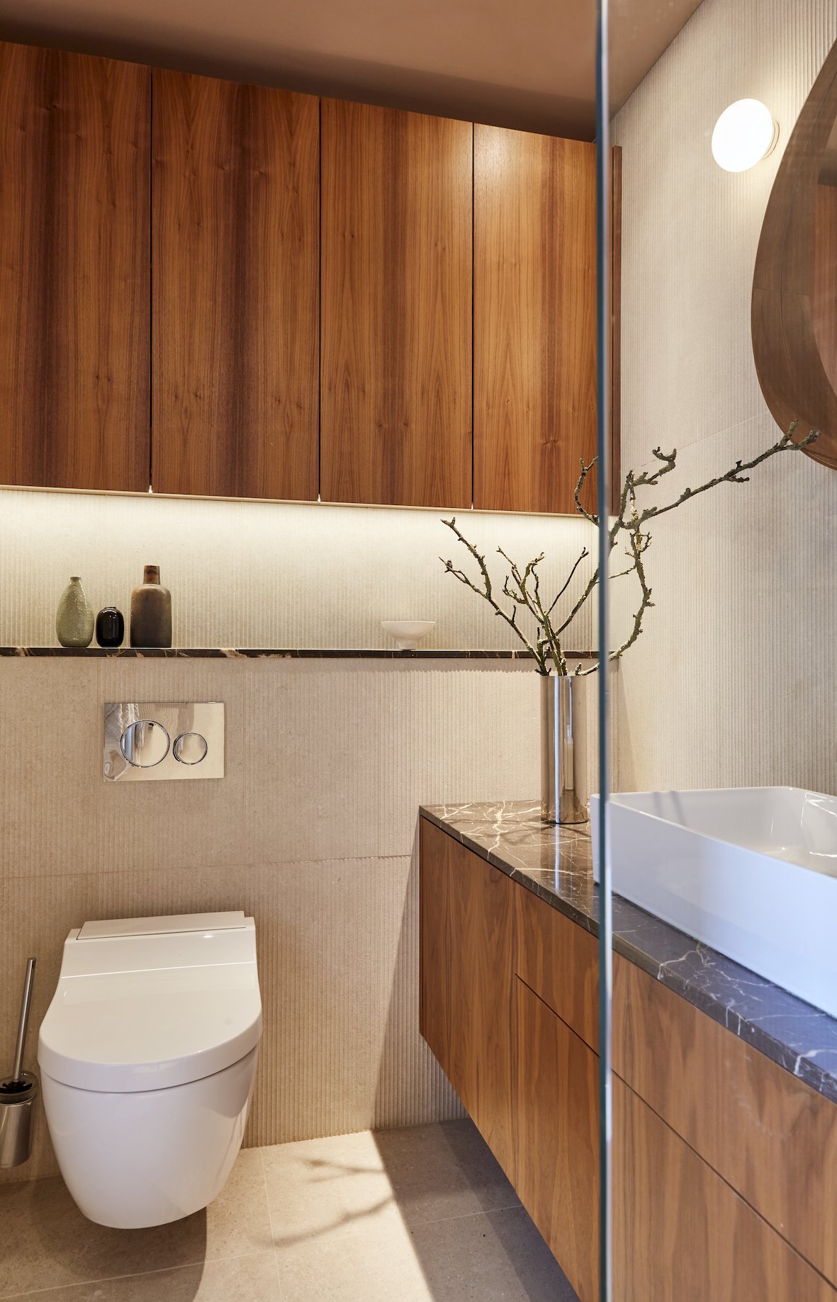 bathroom with Pleated tiles by Domus, Marble worktop and walnut cabinetry