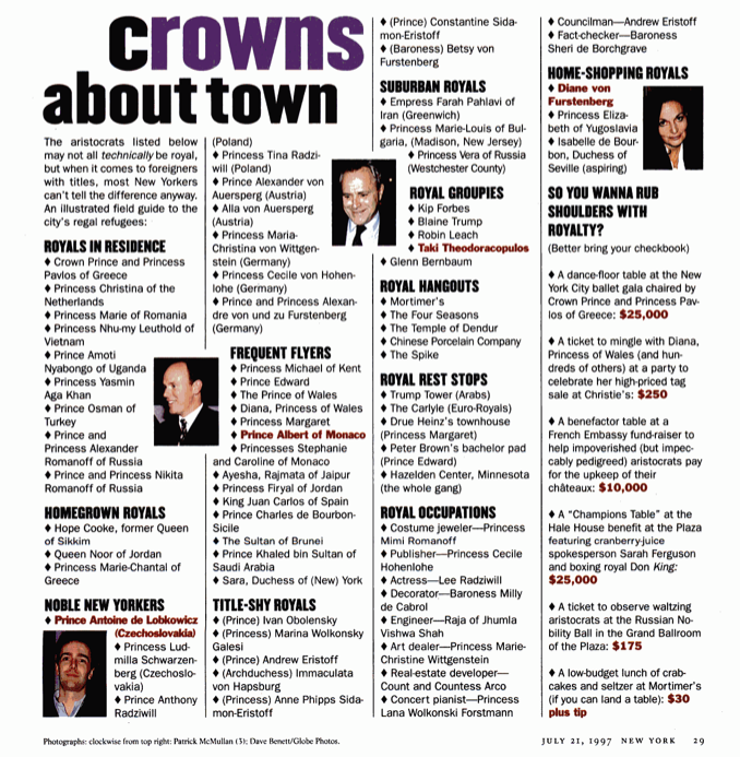 Crowns about town: Royals in residence, homegrown royals, noble New Yorkers, frequent flyers, title-shy royals, suburban royals, royal groupies, royal hangouts, royals rest stops, royal occupations, home-shopping royals. 