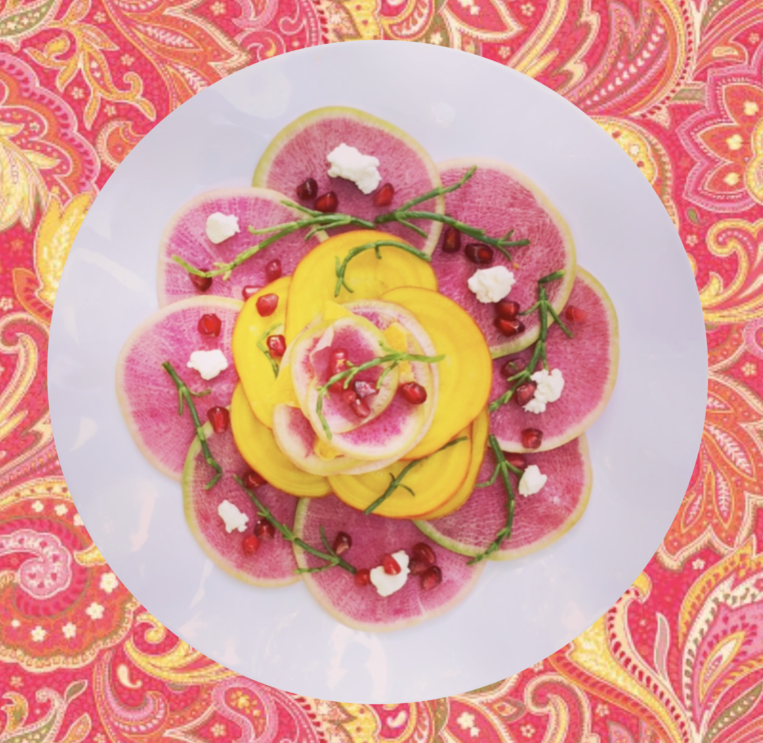 Pickled watermelon radish, golden beets, and samphire with goat cheese