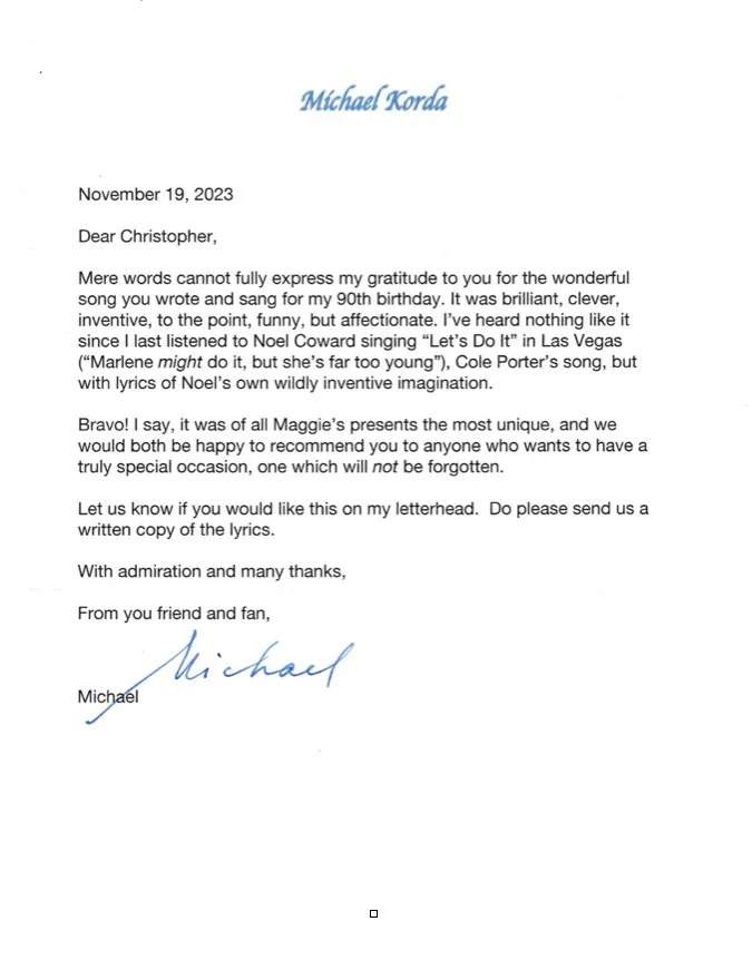 Letter from Michael Korda dated November 19, 2023, addressed to Christopher, expressing gratitude for a song performed for his 90th birthday, and requesting a written copy of the lyrics.