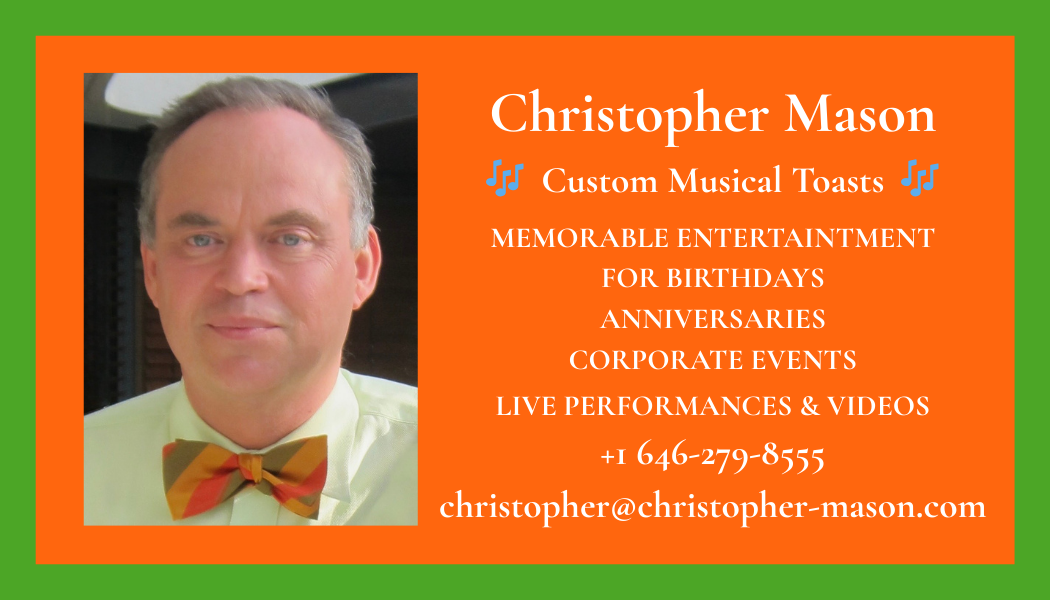 Business card for Christopher Mason featuring his portrait, contact information, and services related to custom musical toasts, entertainment for celebrations and corporate events.
