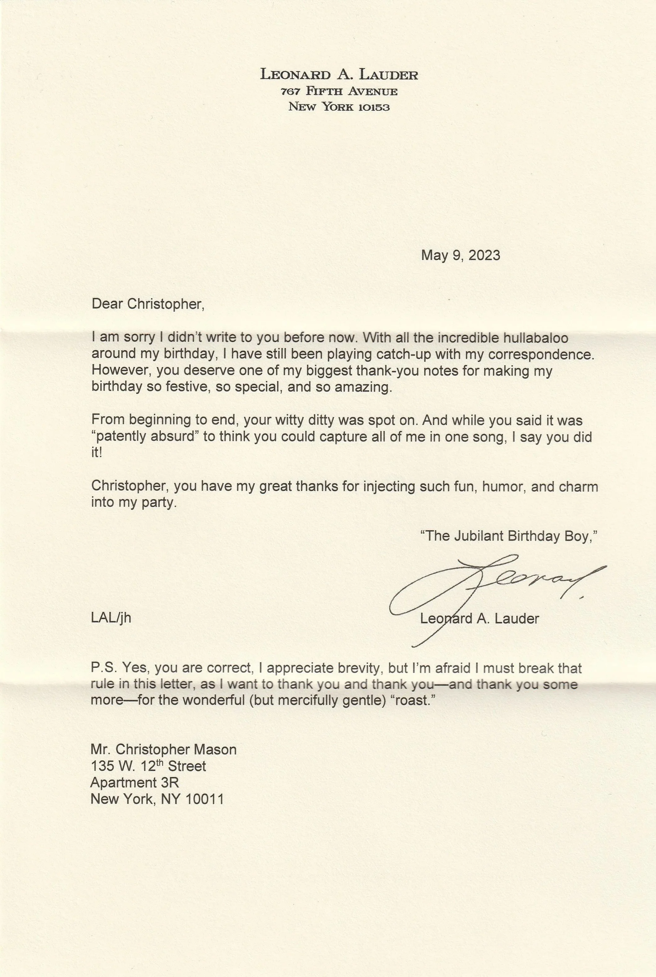 Letter from Leonard A. Lauder dated May 9, 2023, addressed to Christopher Mason.