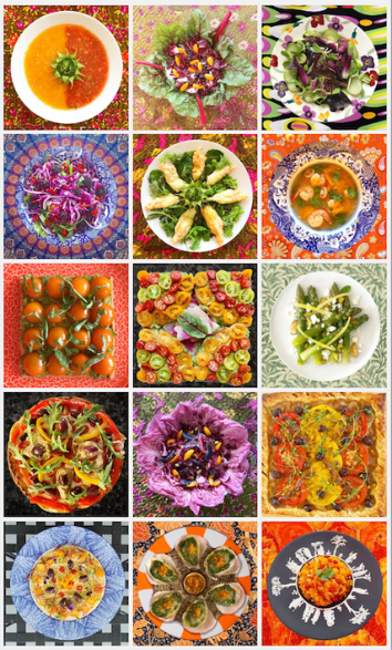 A collage of fifteen colorful dishes, including soups, salads, vegetables and seafood.