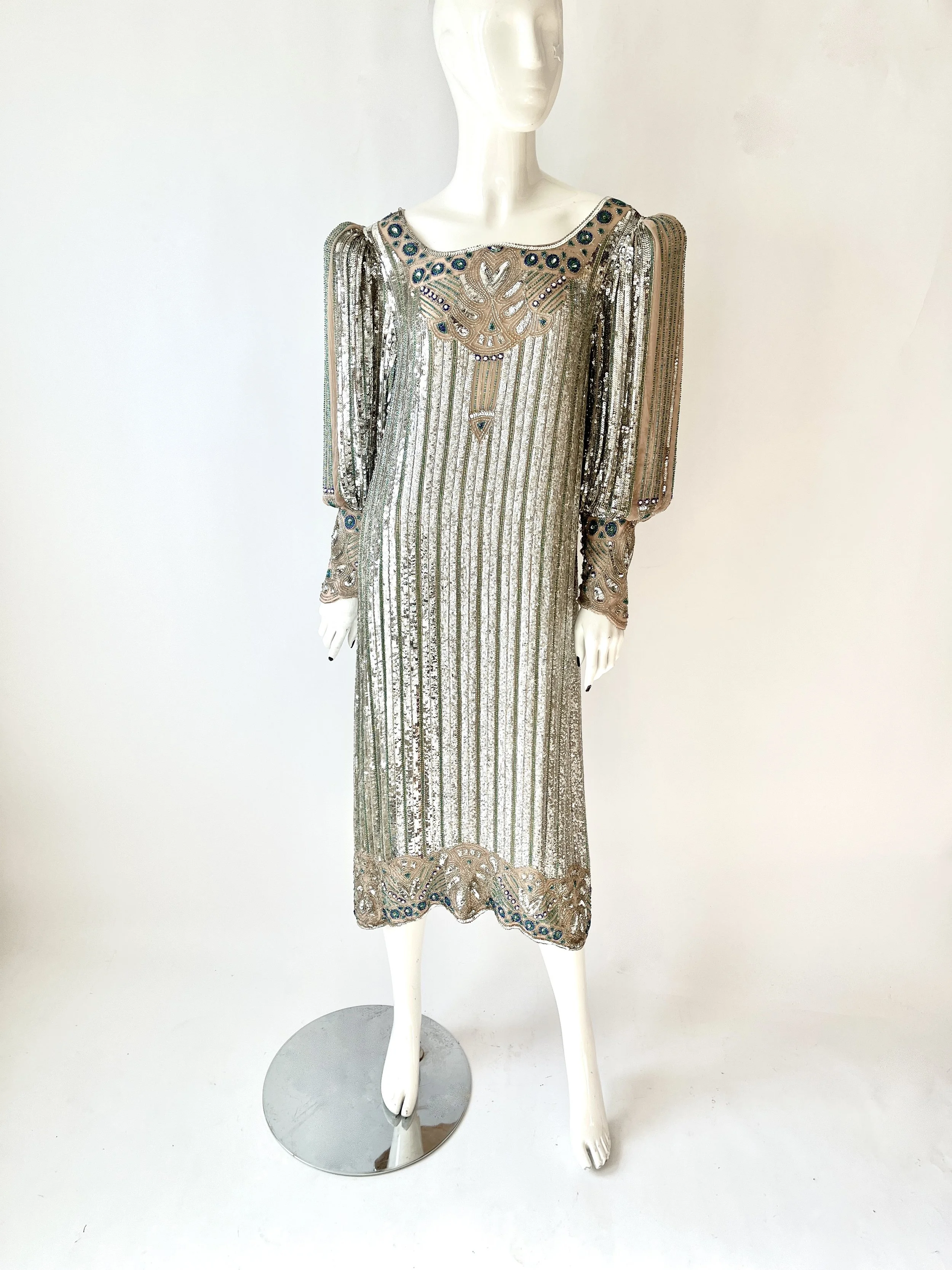 silver vintage dress Silver 1920s Sequined Tassel Mesh Patchwork Dress