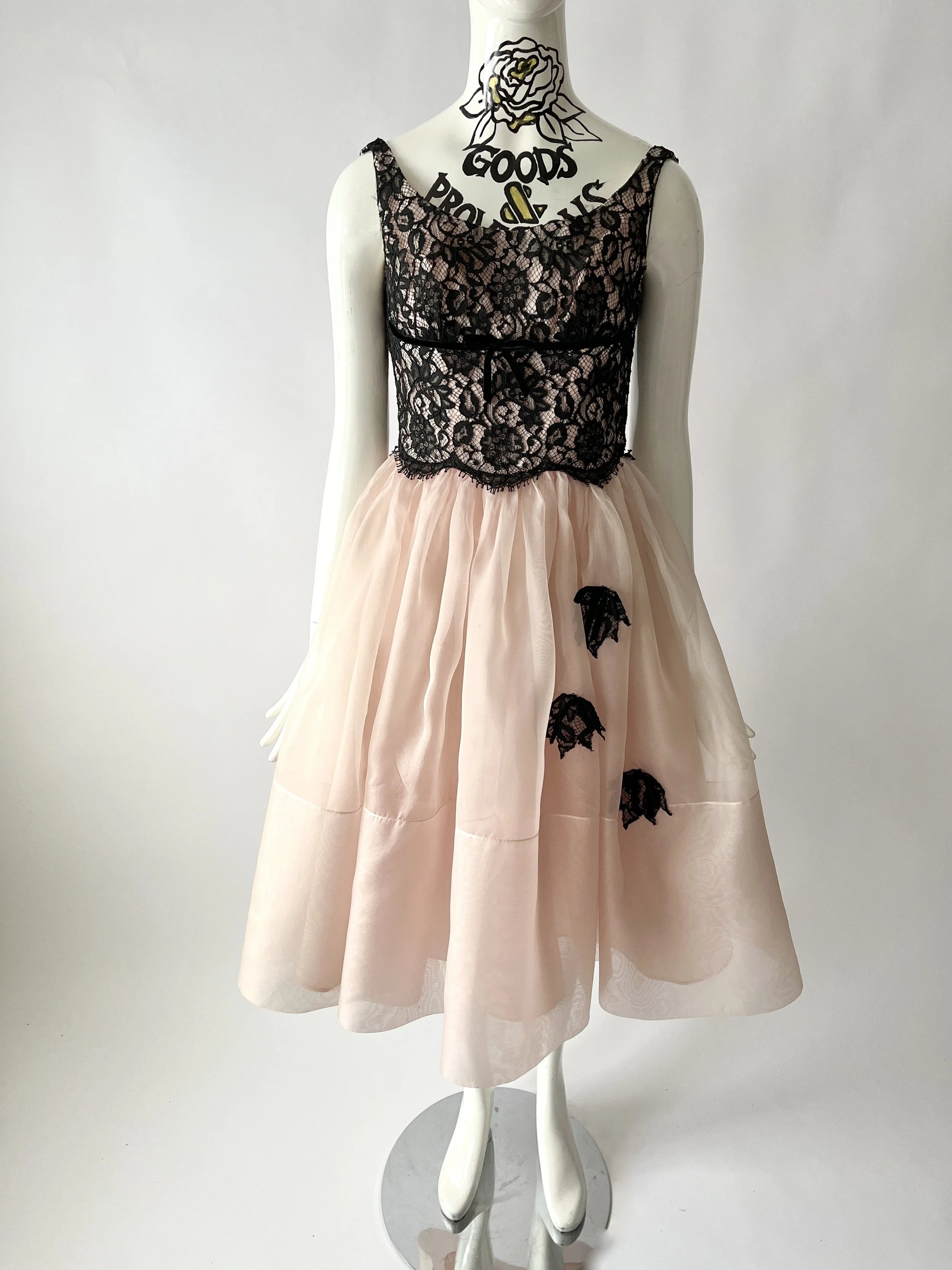 1950s Black Lace and Pink Dress  GOODS and PROVISIONS