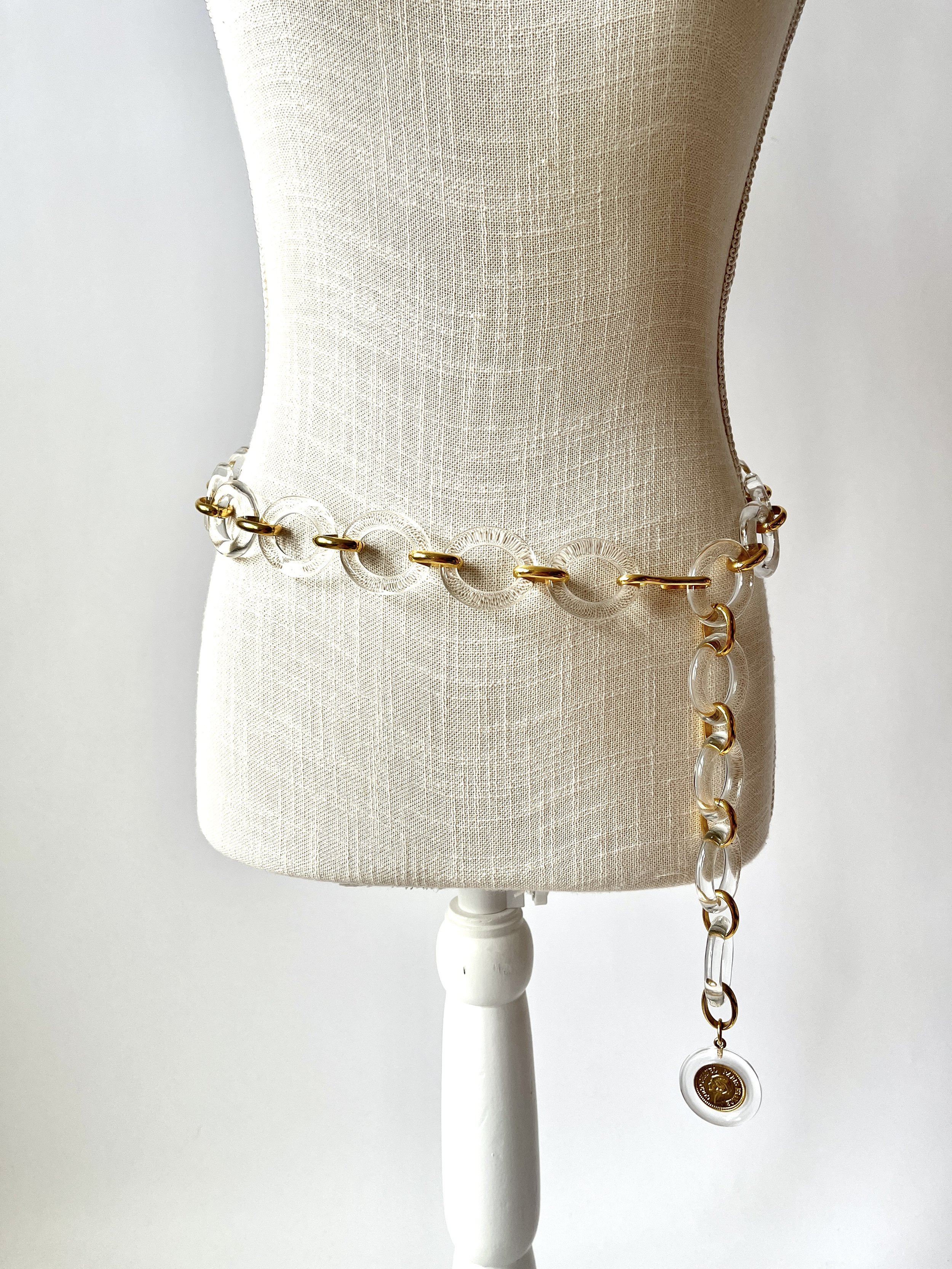 90s Chanel Chain Belt Clear Lucite and Goldtone Links with Charm