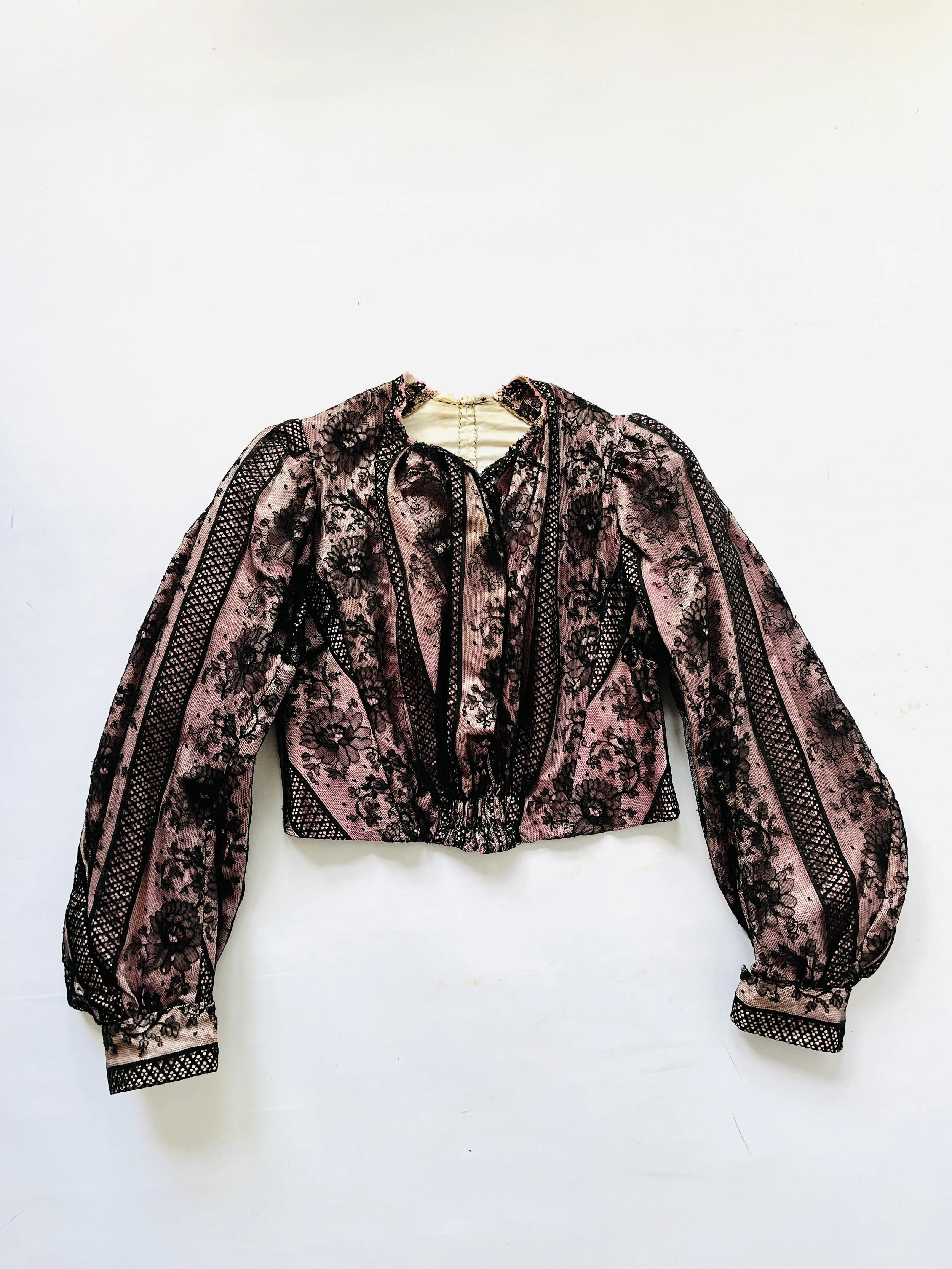 Antique Victorian Bodice Pink Satin with Black Lace Overlay