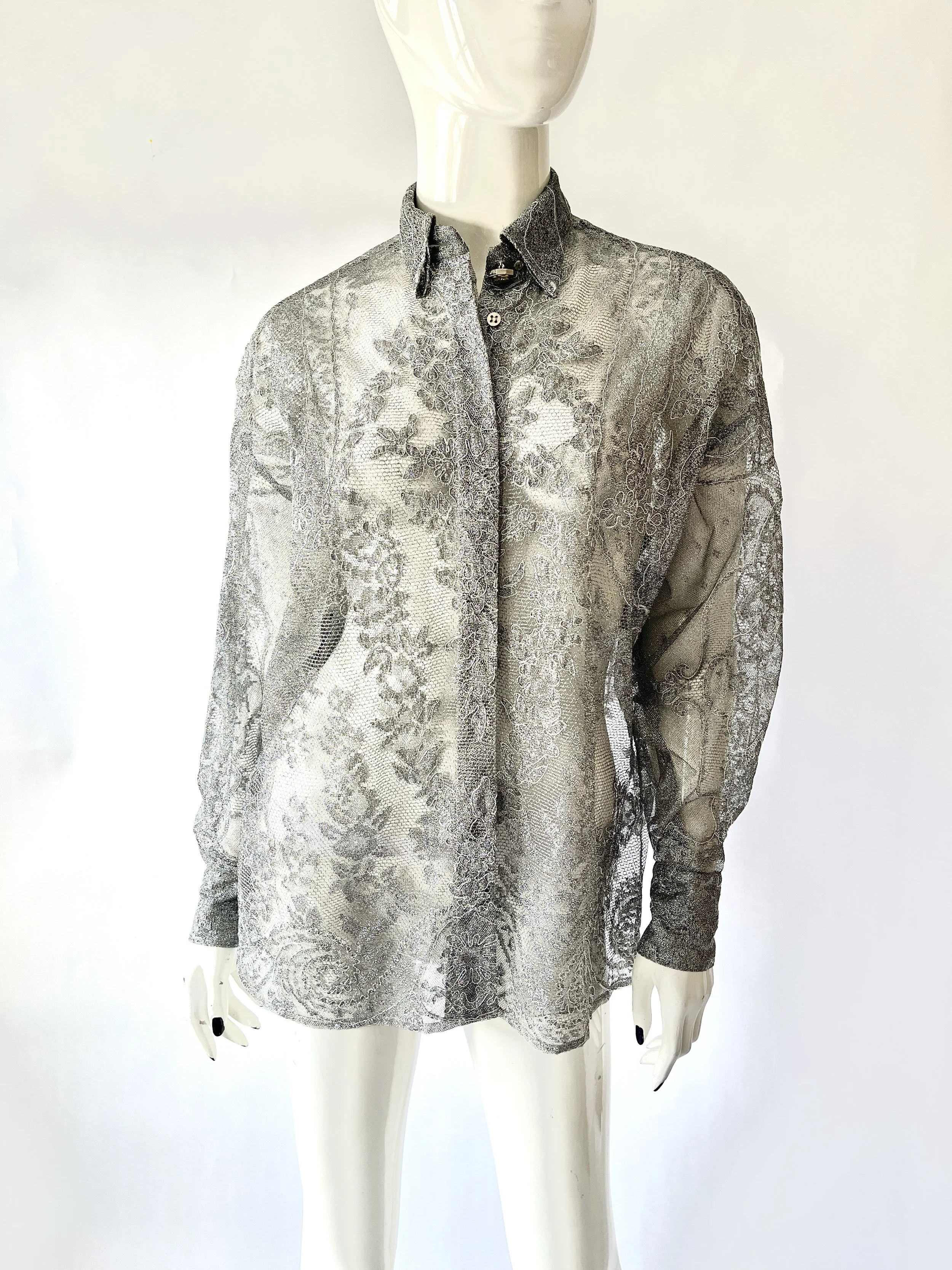 1990s Gianni Versace Silver Lace Blouse