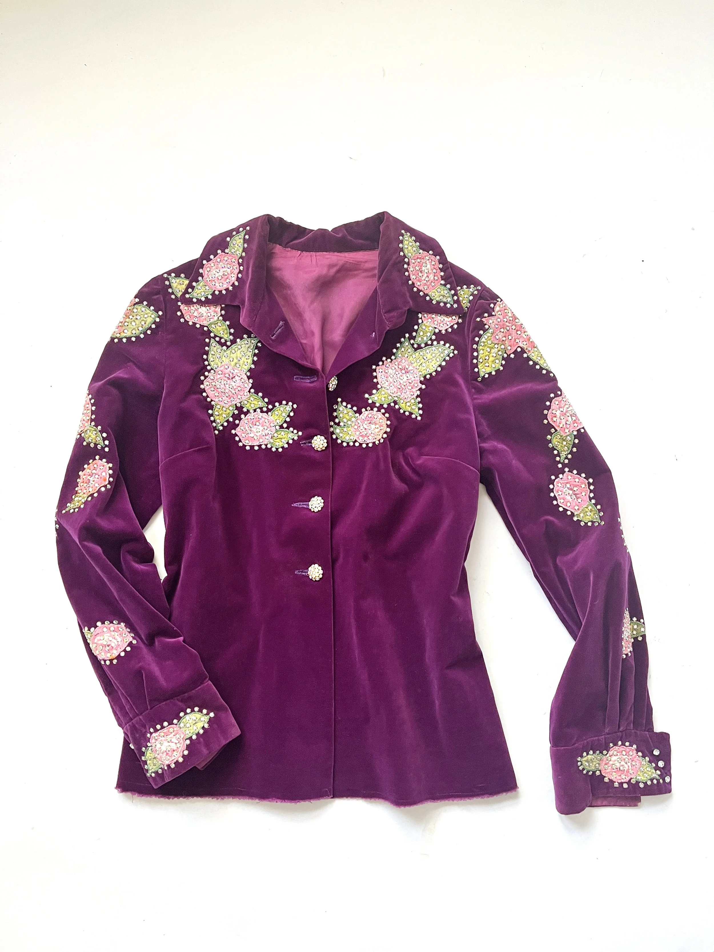 1970s Western Style Rhinestone and Appliqués Velvet Shirt