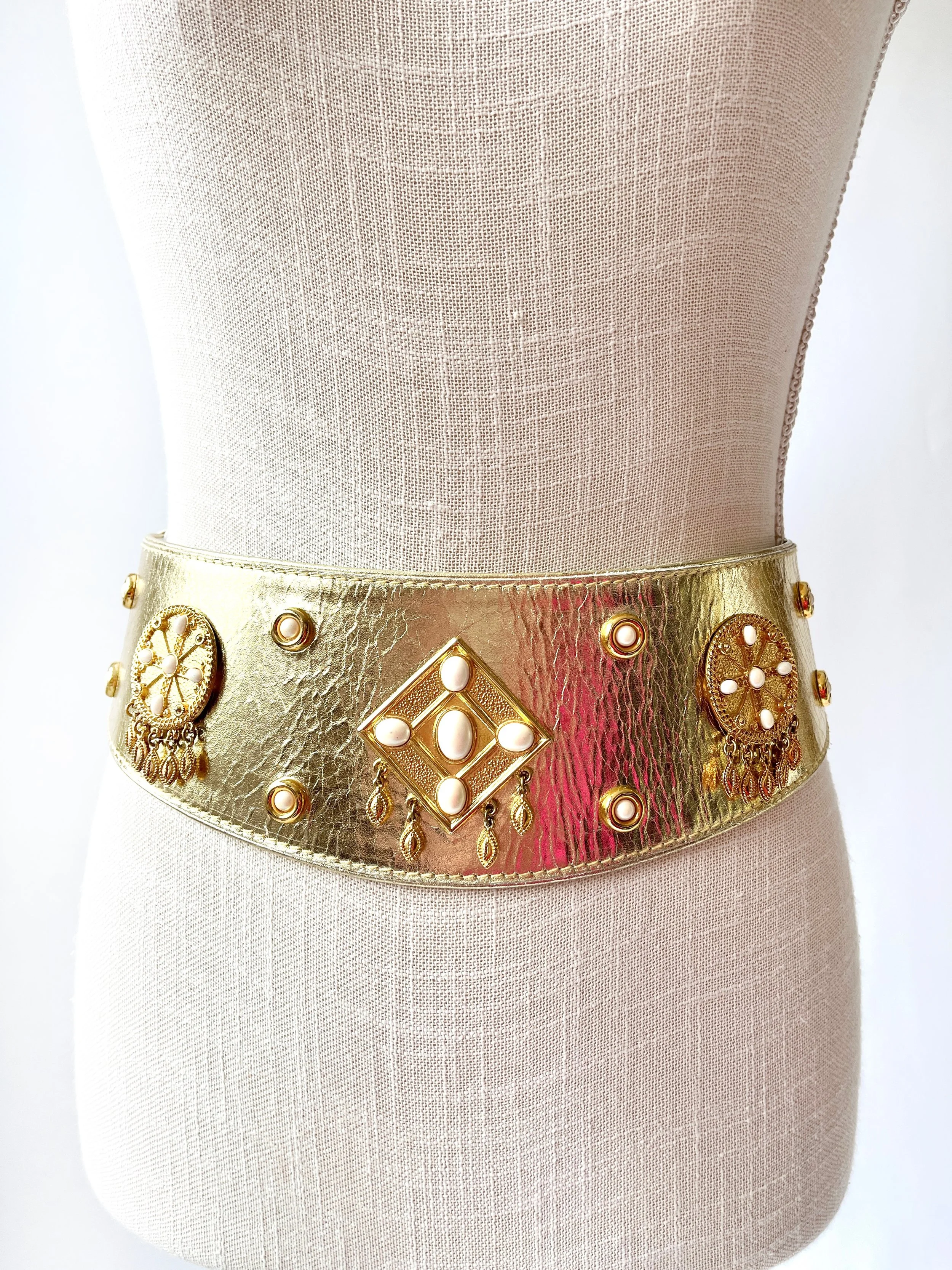 80s Escada Embellished Gold Leather Belt
