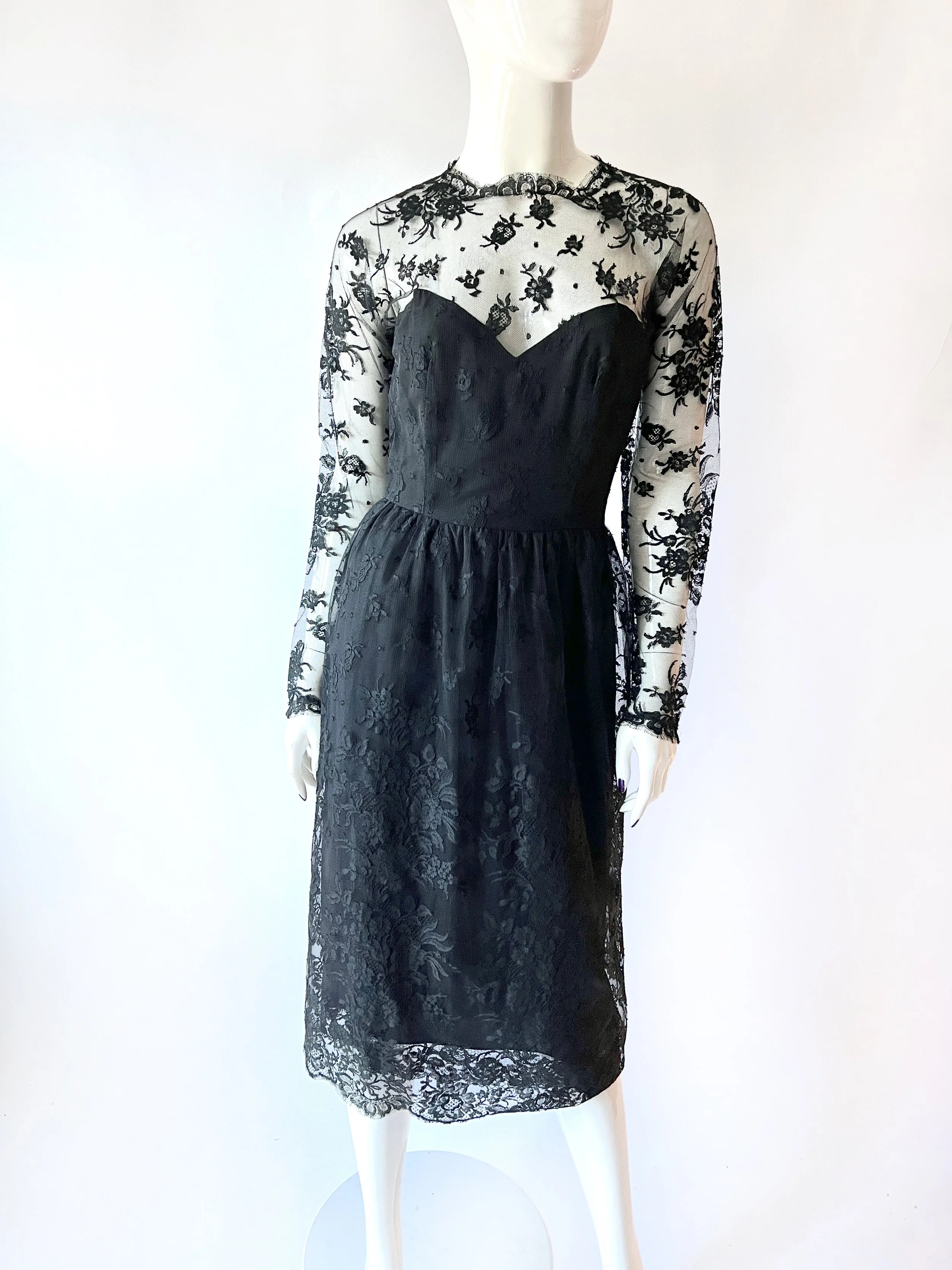 1990s Oscar De La Renta Black Lace Dress