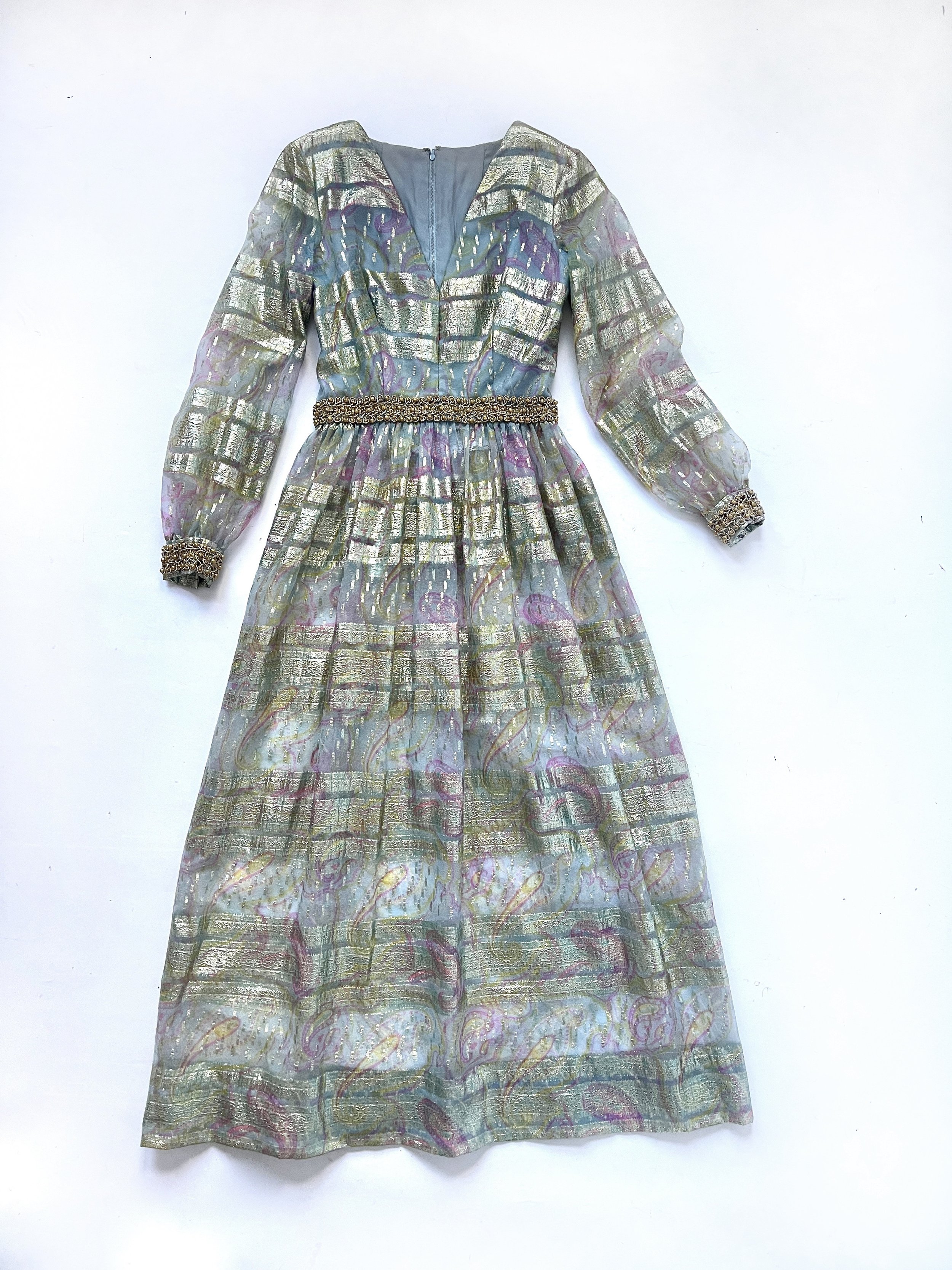 1970s Maxi Dress Metallic and Paisley