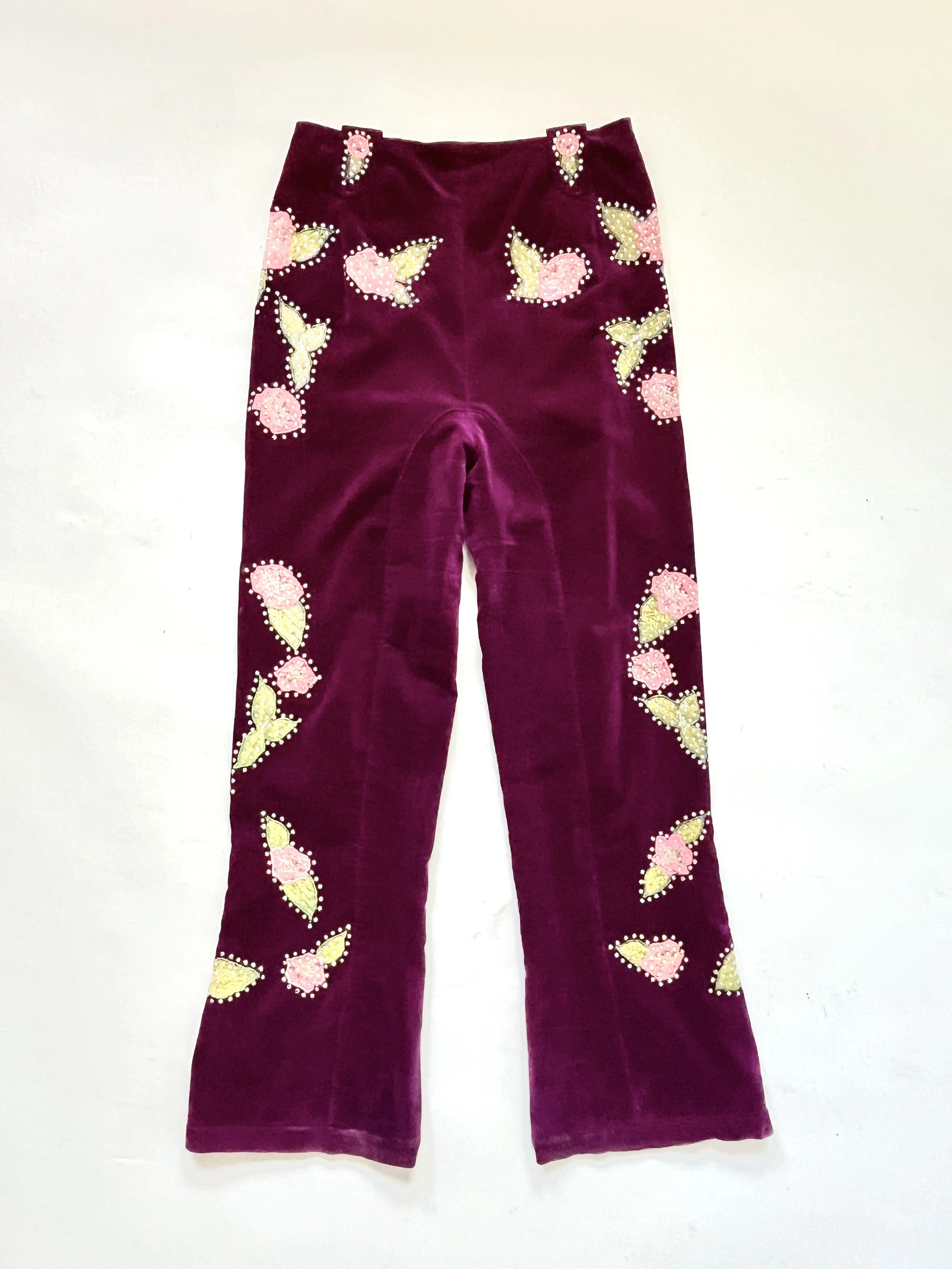 1970s Western Style Rhinestone and Applique Velvet Pants