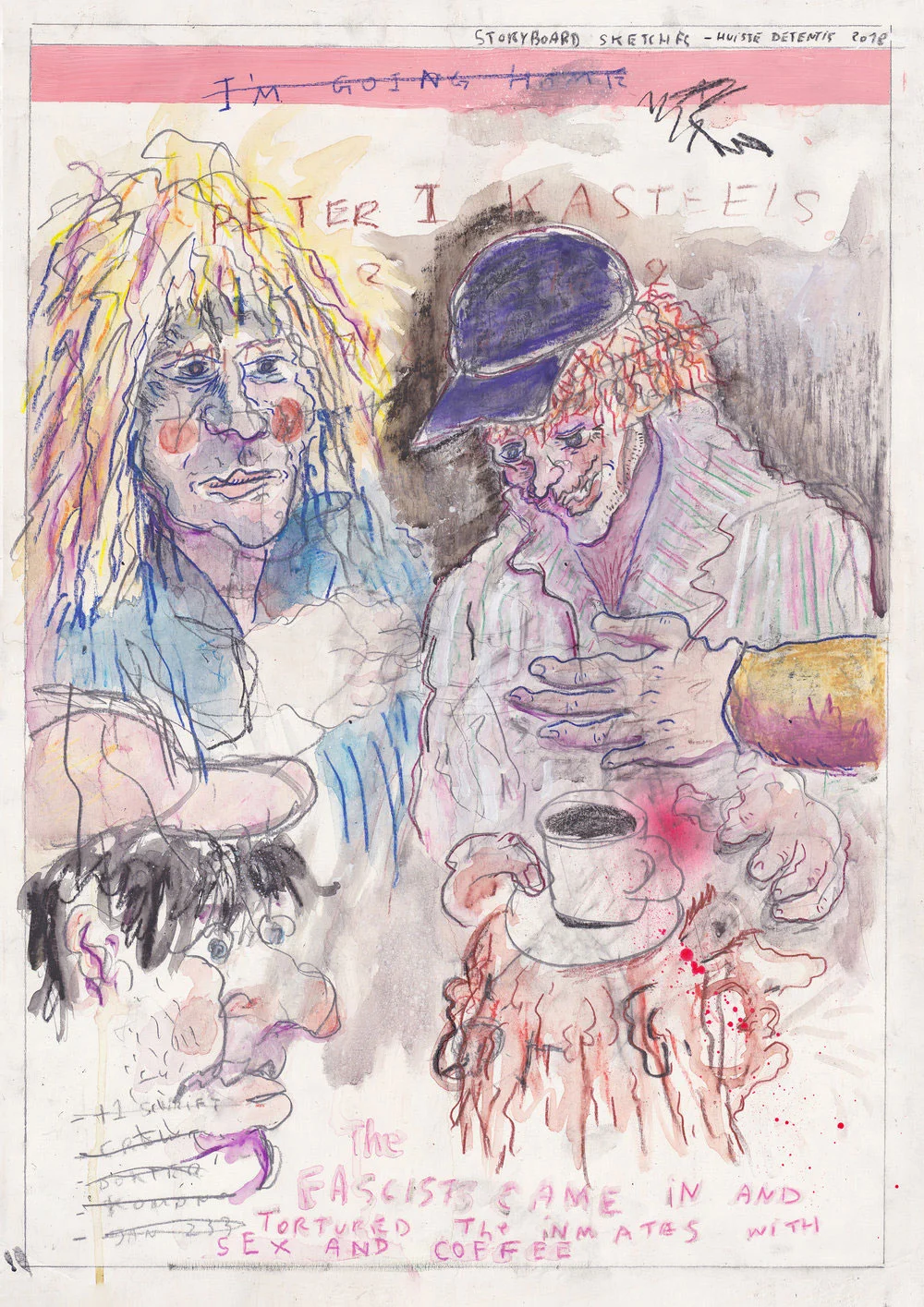 Absurdities with Peter I Kasteels, 2018, watercolor pencils, graphite, acrylics, paper and frame, 63 x 46 cm