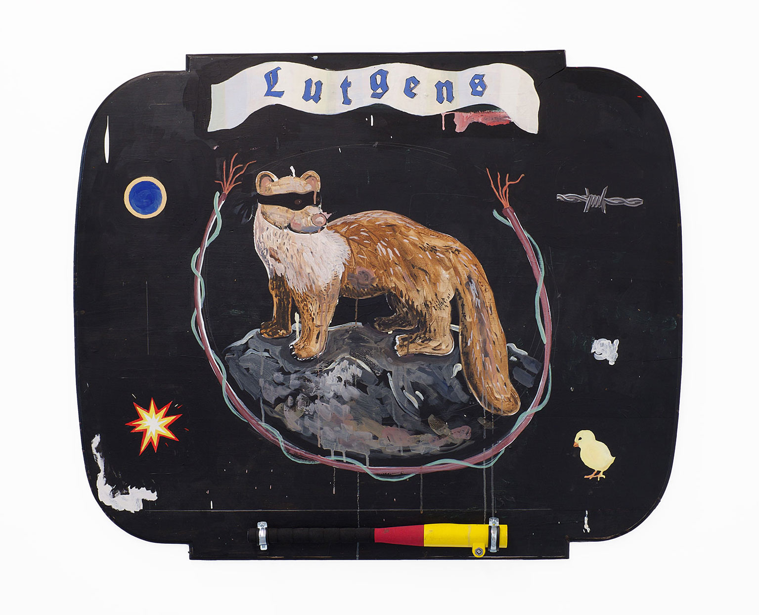  Lutgens Family Emblem, 2018, Mixed media and Billy Bat on wooden tabletop, 130 x 110 cm. 