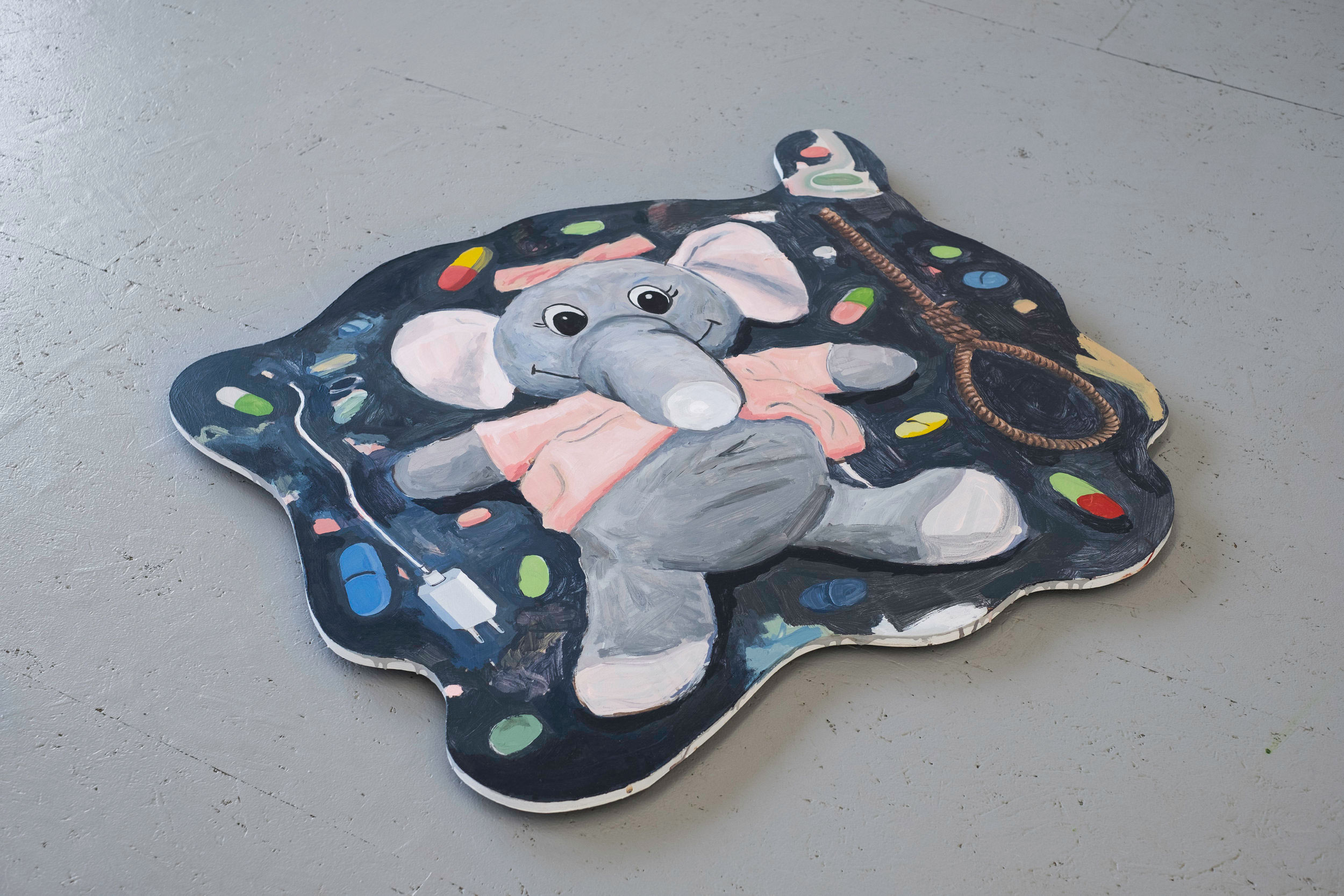  I puked I puked a sad sad Stuffed Elephant, 2018, 97x103cm, acrylics on wood. 