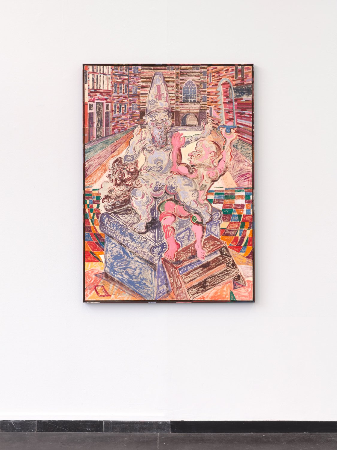   The bigger the short, the sweeter the bottom , 2020, coloured pencils, graphite, oil paint, and bone glue on Hanji paper, canvas, and stained wood, 142,6 x 102,6 cm 