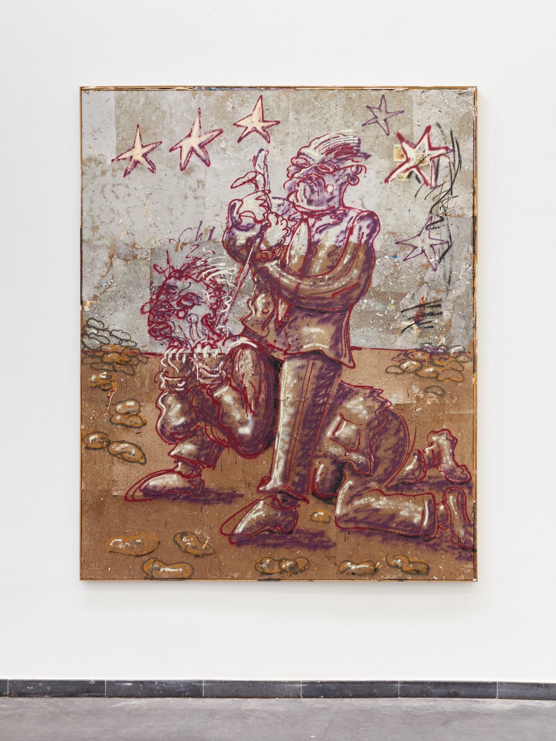  Human People and The European Union, 2022 Artist-made fractured paper, spray paint, oil paint, expanding foam, bone glue on canvas and stained wood, 162,2 cm x 201,8 cm 