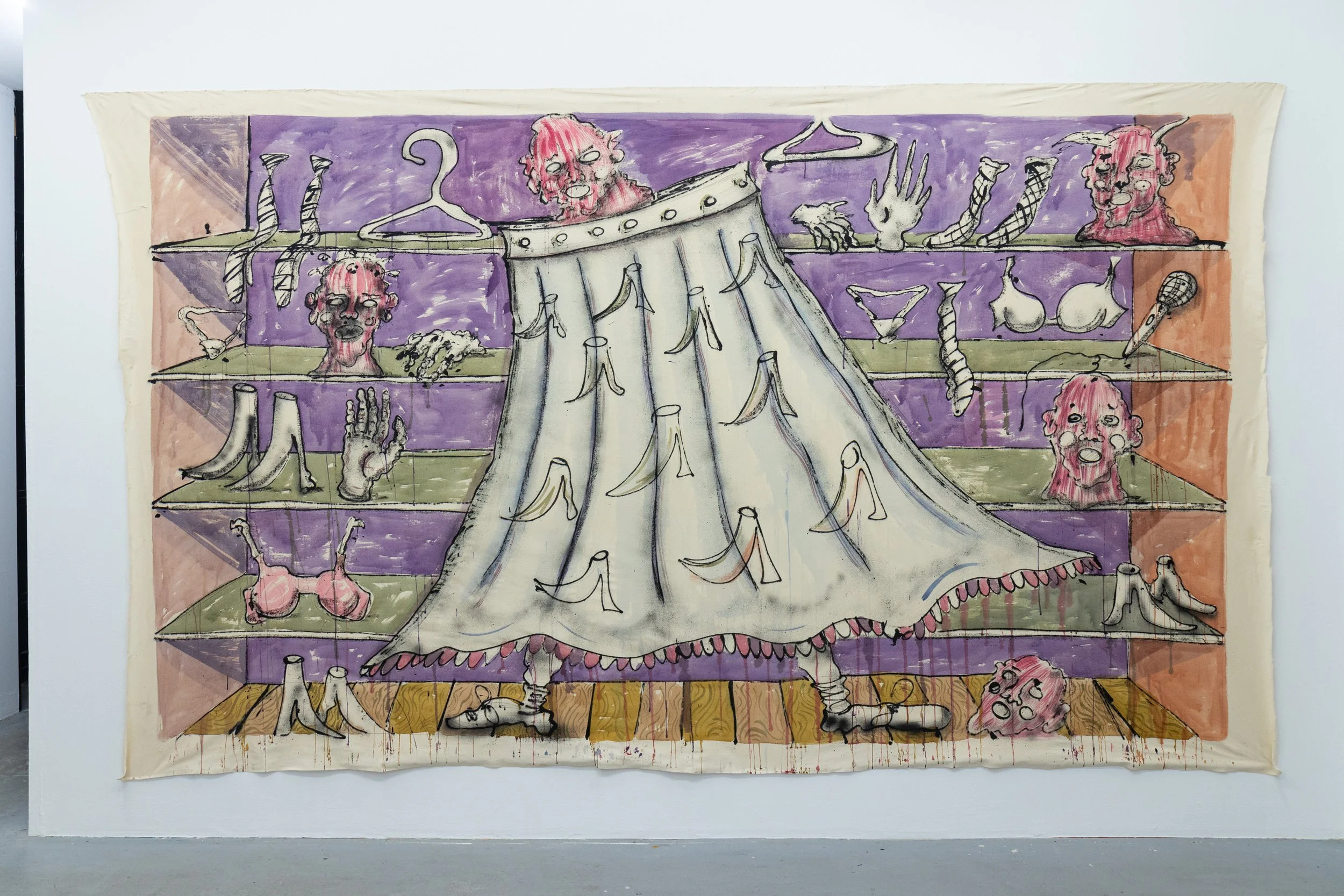  Gossips and ghosts, 2025, graphite, spray paint, oil stick and shellac ink on canvas, 375x212cm 