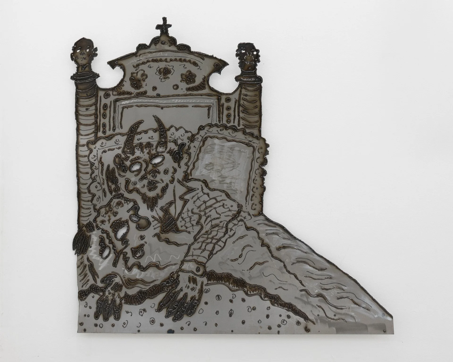  Everything falls through the holes of the basket, 2026, welded line drawing on steel with linseed oil finish, 99,5 x 98,5 cm 