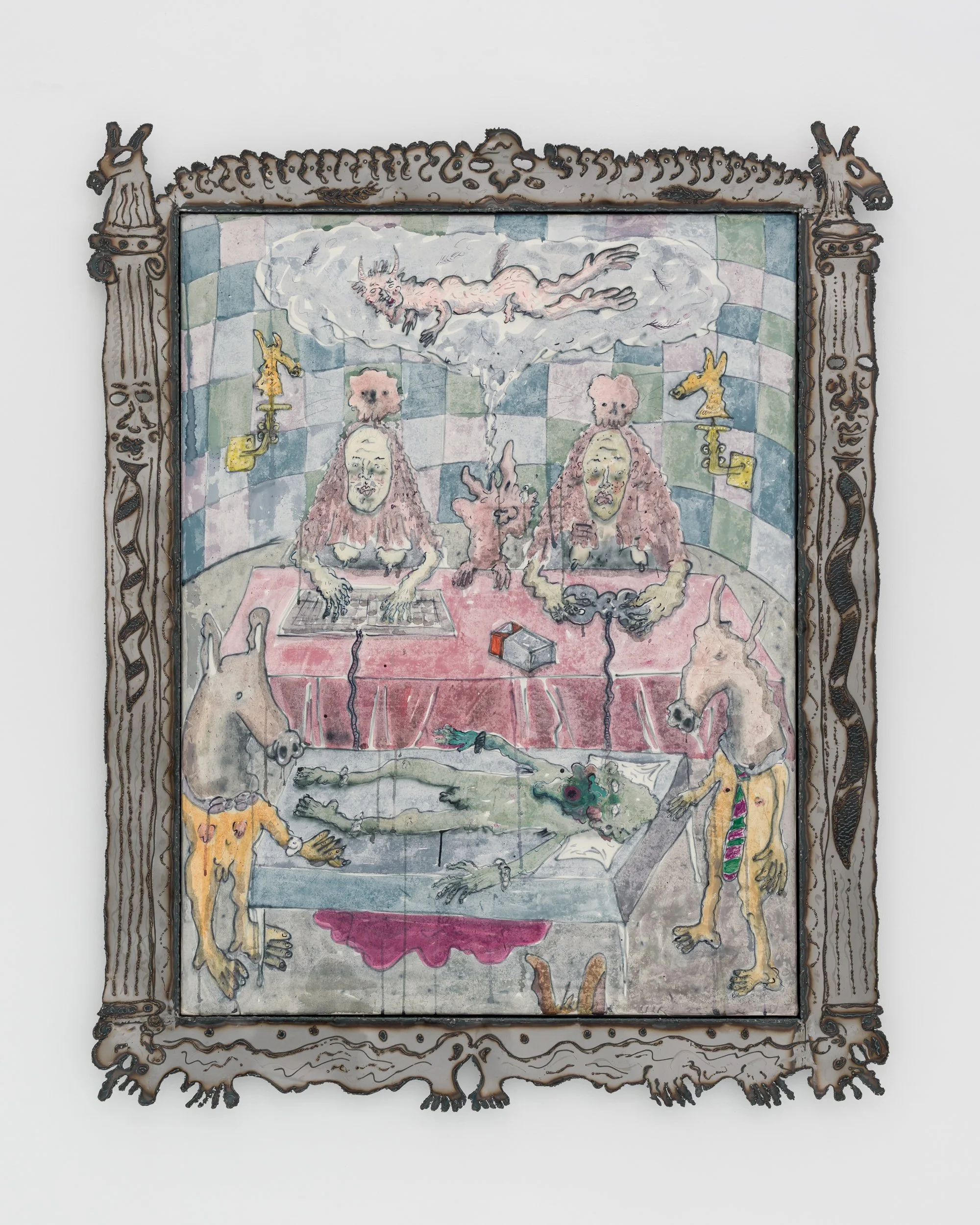   Through the mouth of a blunderbuss , 2026, shellac ink, watercolor, graphite, and oil pastel on Kitakata paper, mounted on canvas, with a linseed-oil treated steel frame, 153 x 123 cm 
