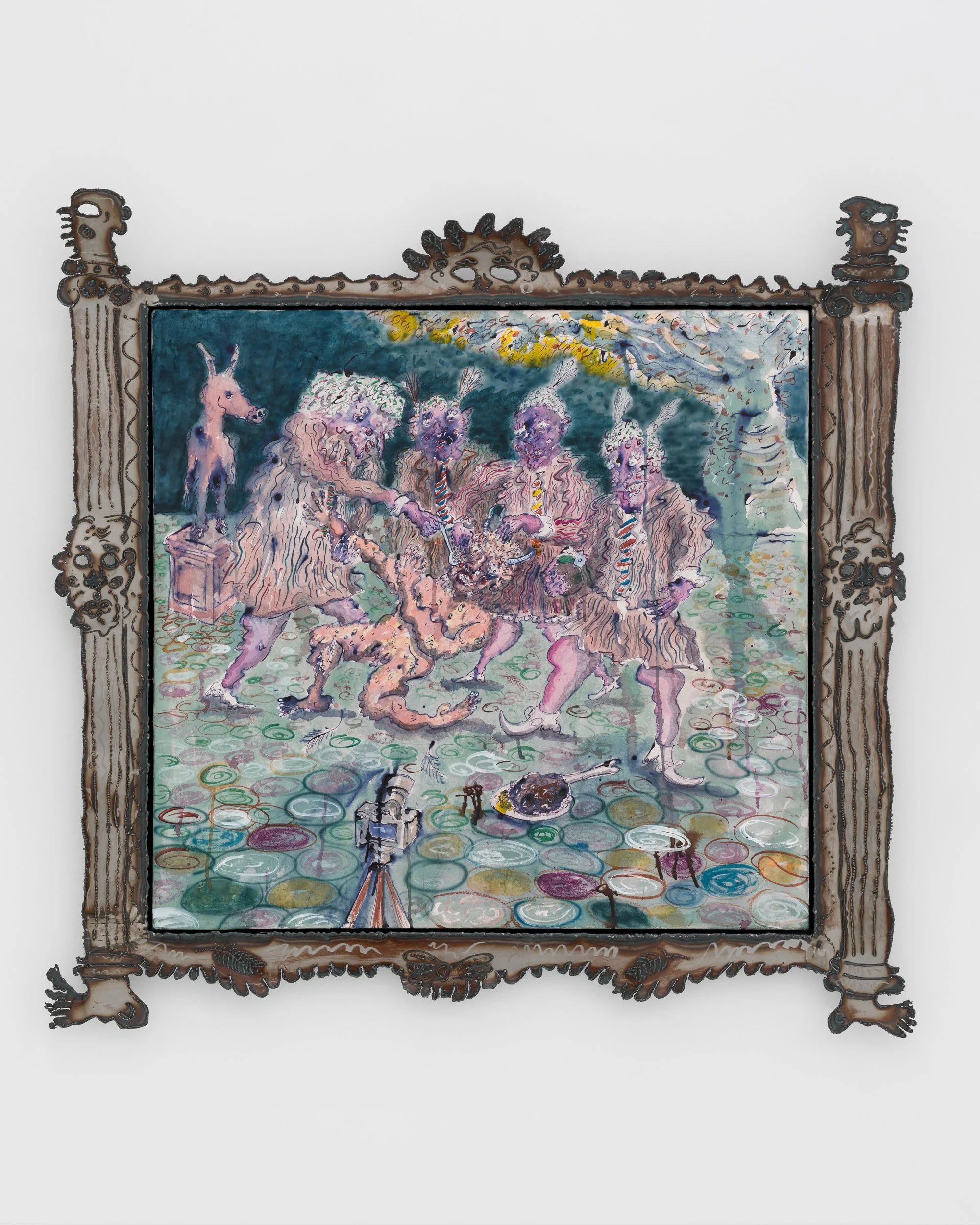  Peanut Butter Rebellion , 2026, shellac ink, watercolor, graphite, and oil pastel on Kitakata paper, mounted on canvas, with a linseed-oil treated steel frame, 111 x 117 cm 