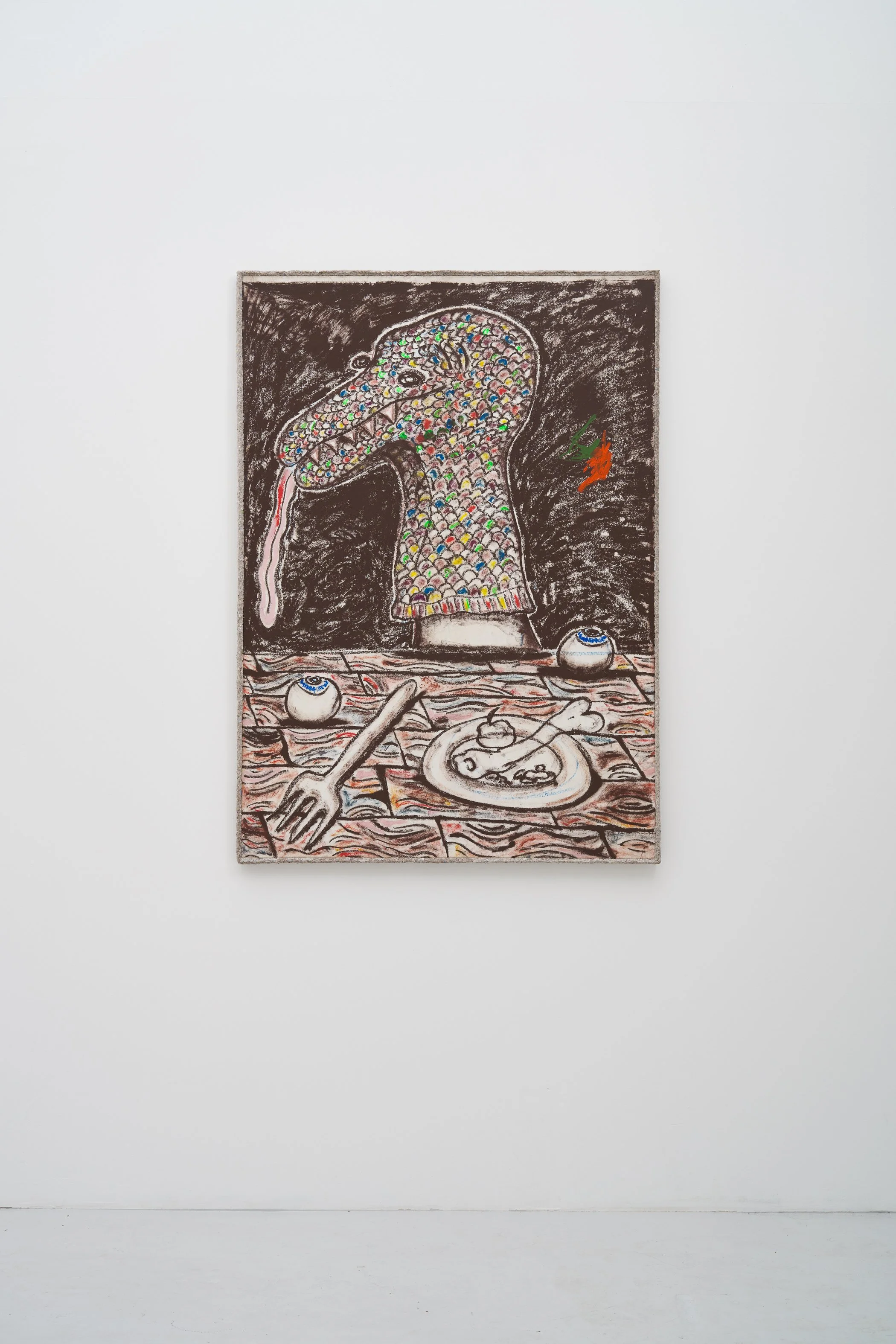  William Ludwig Lutgens, Excess in The Gut, 2026, oil stick on Japanese Mulberry paper, mounted on canvas, with artist-made hardened papier-mâché frame, 137,5 x 98 cm 