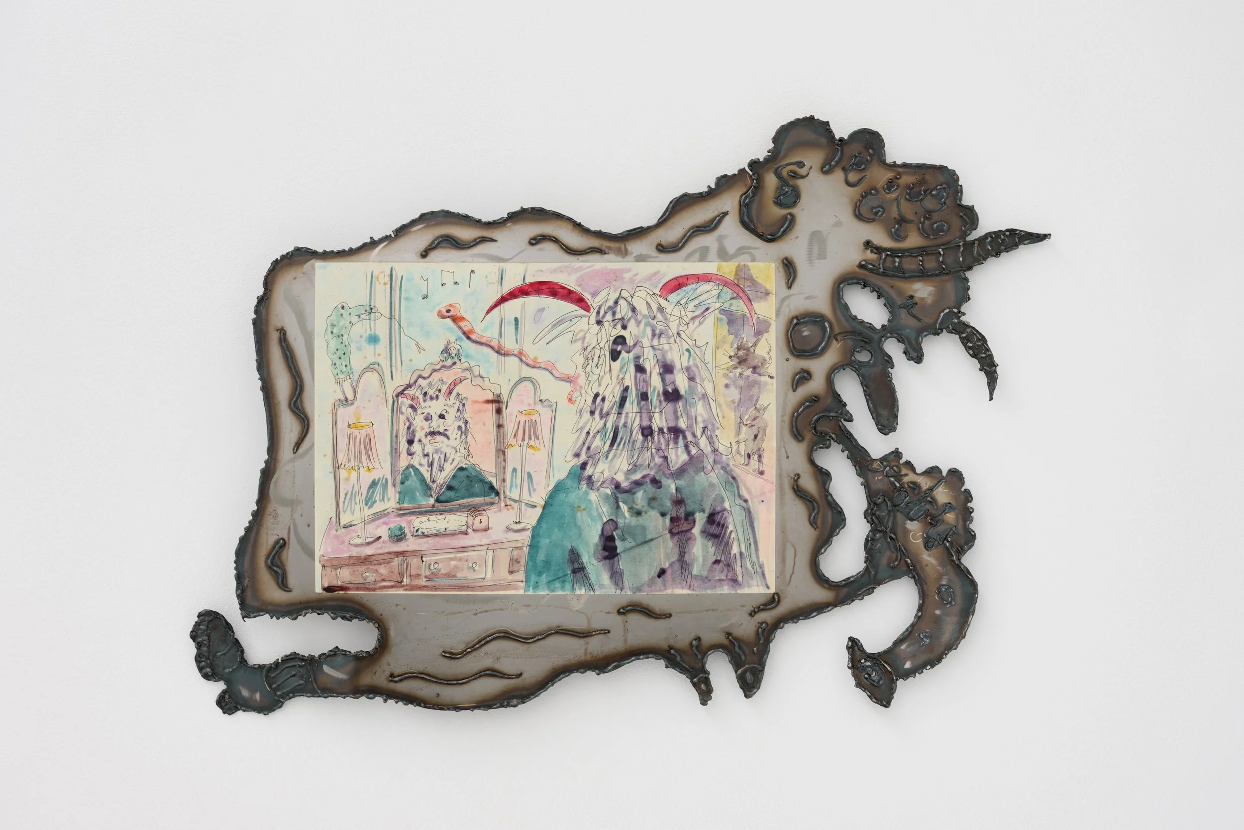   WILLIAM LUDWIG LUTGENS,   The Seductive and Uninvited Elements of Self-Love and Sabotage , 2026, shellac ink and ballpoint on hemp paper, mounted on steel, with laquer finish, 37 x 57 cm 