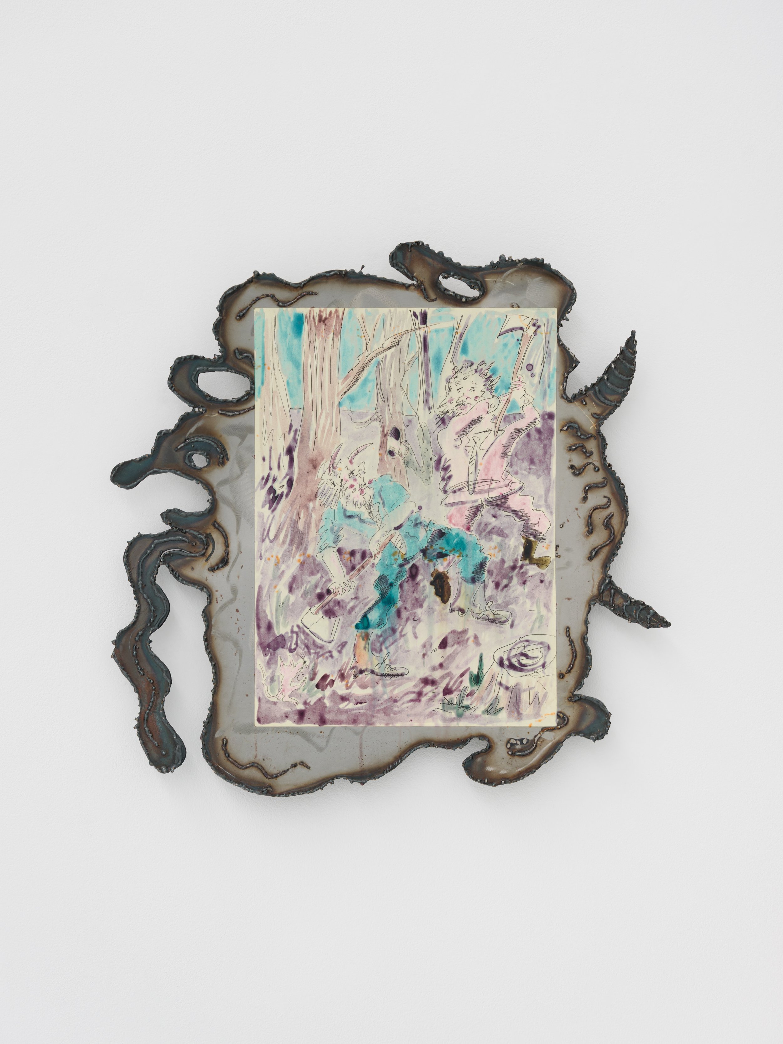   WILLIAM LUDWIG LUTGENS,   Plus-de-Sauce , 2026, shellac ink and ballpoint on hemp paper, mounted on steel, with laquer finish, 38 x 39 cm 