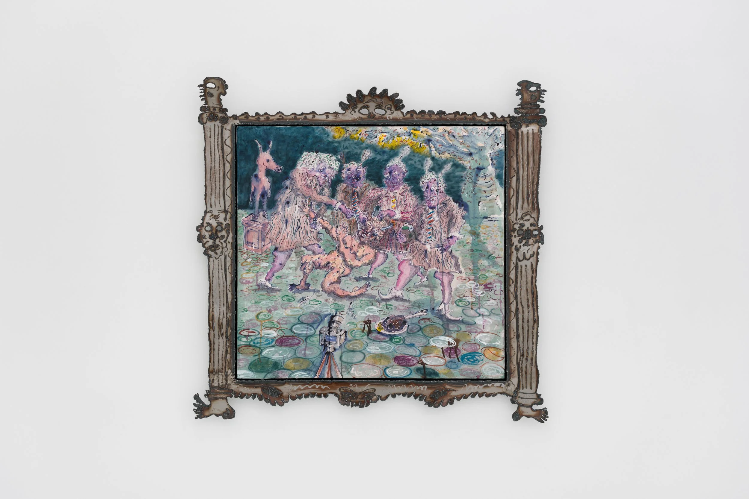   William Ludwig Lutgens,   Peanut Butter Rebellion , 2026, shellac ink, watercolor, graphite, and oil pastel on Kitakata paper, mounted on canvas, with a linseed-oil treated steel frame, 111 x 117 cm 