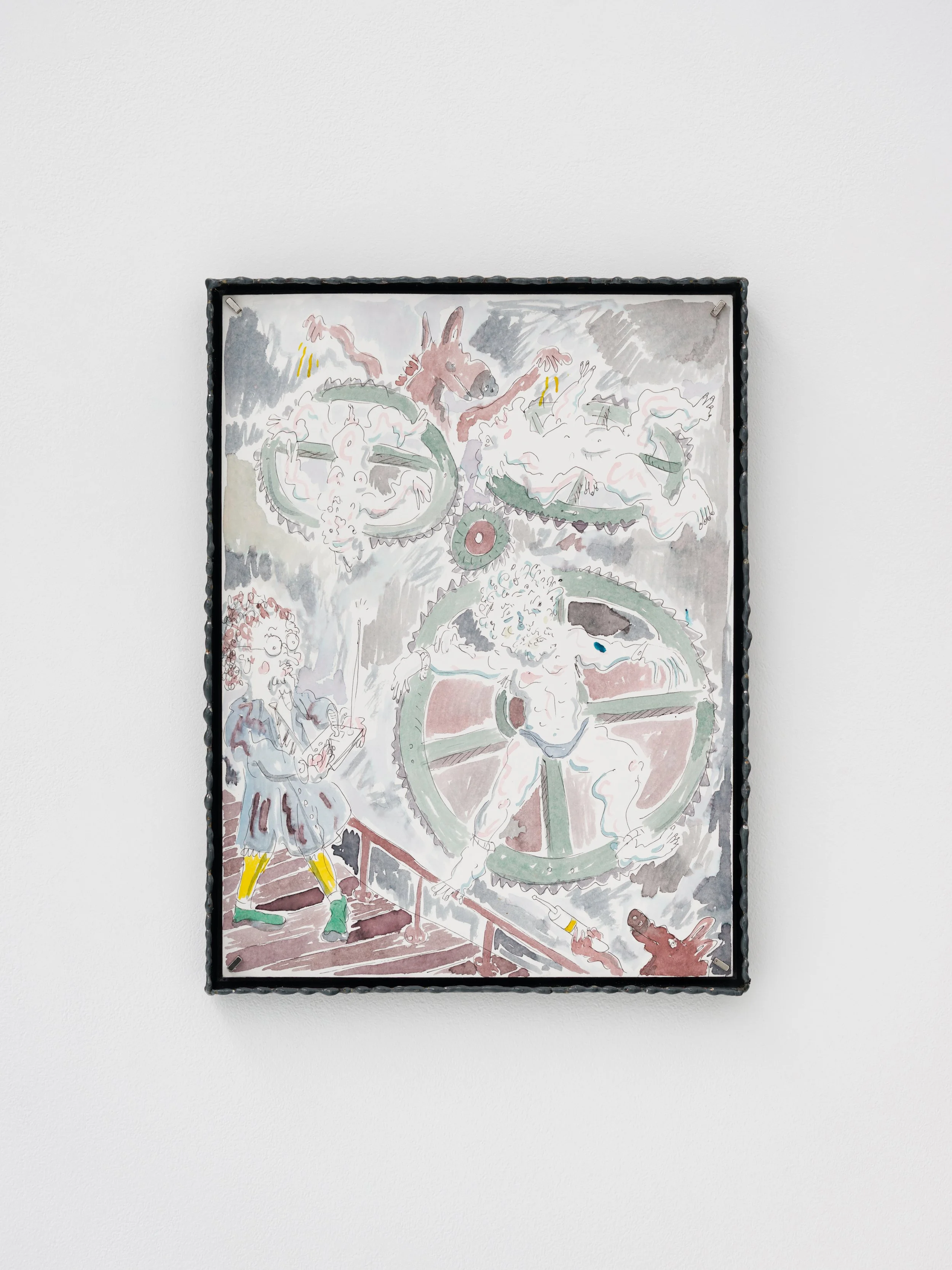   WILLIAM LUDWIG LUTGENS,   Oil'm in! , 2026, aquarelles and ballpoint on hemp paper, magnets and linseed finsihed steel frame, 33 x 25 cm 