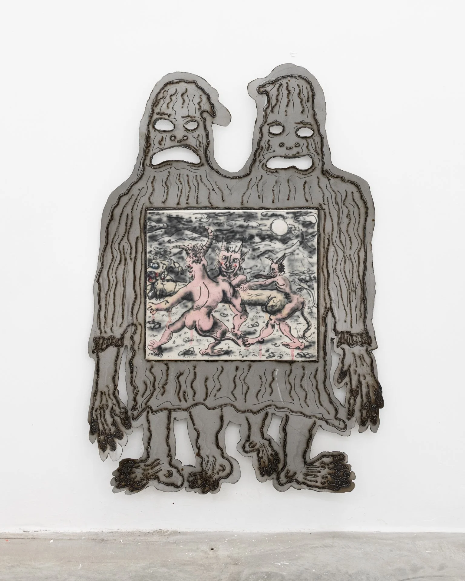 A-somatic Spill, 2026, welded line drawing on steel with linseed oil finish, and painted canvas, 143 x 100 cm. 