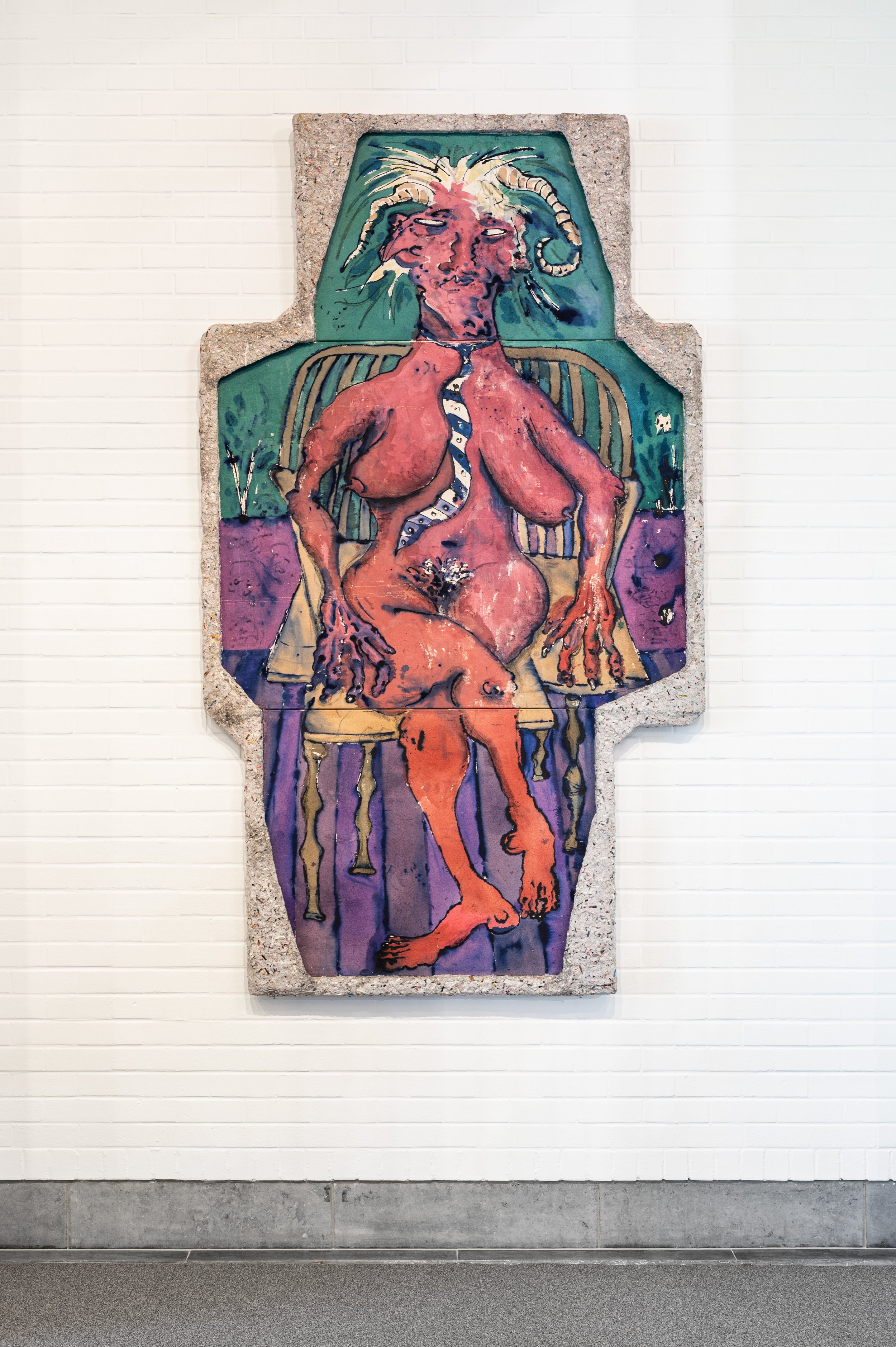  Very far larger than any dweller among men, 2025, Shellac ink and oil stick on canvas, with hardened papier-maché frame, 262 x 162 cm 